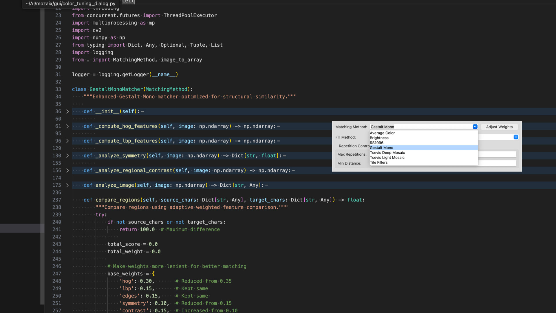 Screenshot of Python code for the GestaltMonoMatcher algorithm in Mozaix digital mosaic application, showing custom implementation of visual perception principles with feature weighting controls - example of creating rather than consuming AI tools