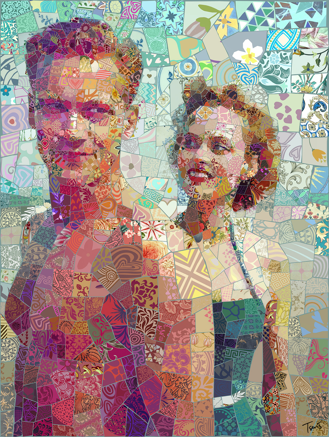Digital mosaic art inspired by fashion and vintage summer vibes