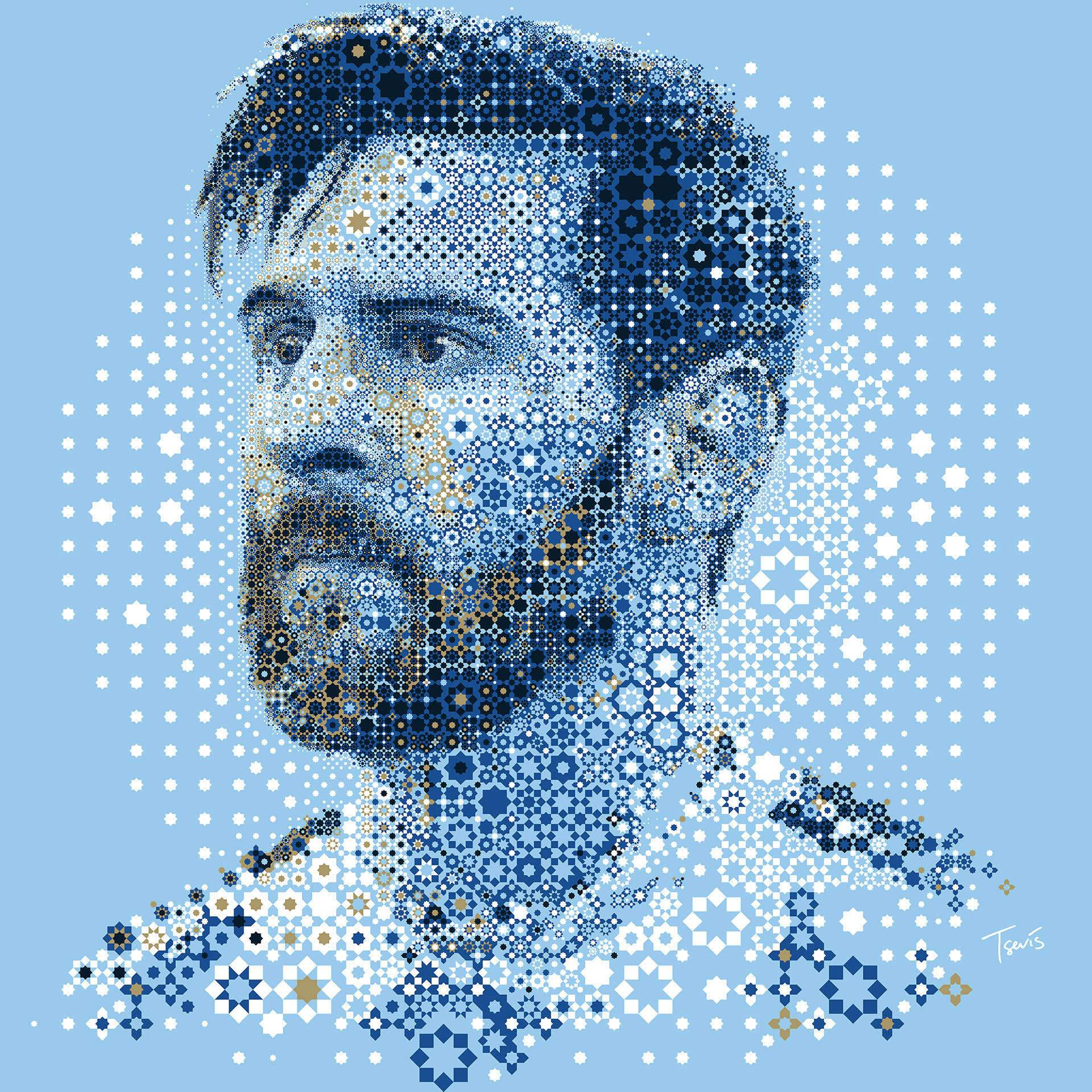 Mosaic portrait of Lionel Messi, an Argentine footballer inspired by Arabic geometry