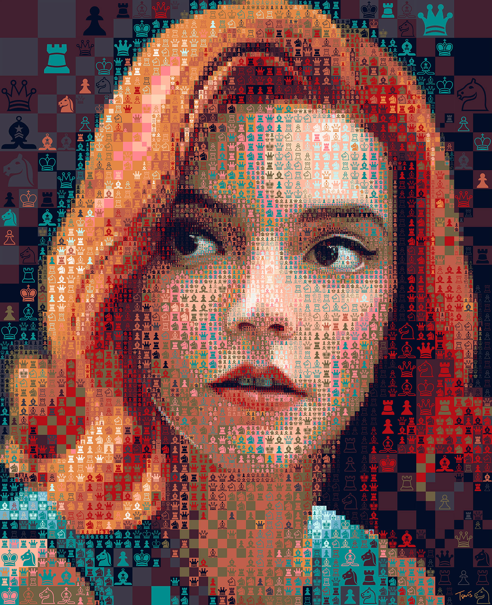 Anya Taylor-Joy mosaic portrait for a chess film, contemporary art installation