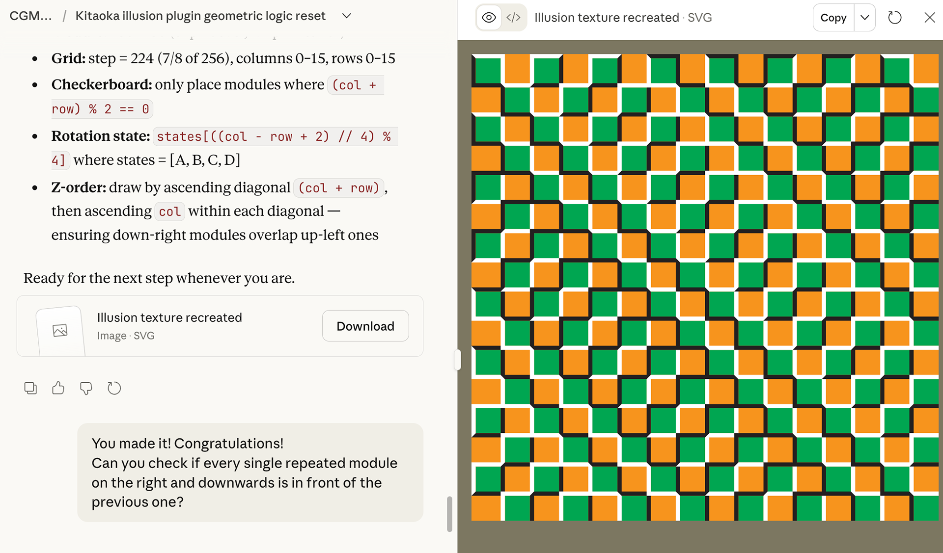 Split-screen view showing technical specifications on the left and a generated optical illusion pattern on the right. The left panel lists grid parameters: step size of 224 (7/8 of 256) in a 16x16 grid, checkerboard placement rule where modules appear only when (col + row) % 2 == 0, rotation state formula using states [A, B, C, D], and Z-order drawing sequence by ascending diagonal then column. Below is a success message reading "You made it! Congratulations! Can you check if every single repeated module on the right and downwards is in front of the previous one?" The right panel displays "Illusion texture recreated · SVG" showing a 16x16 checkerboard pattern of alternating green and orange squares with thick black outlines, creating a three-dimensional optical illusion effect where the squares appear to overlap and recede diagonally.