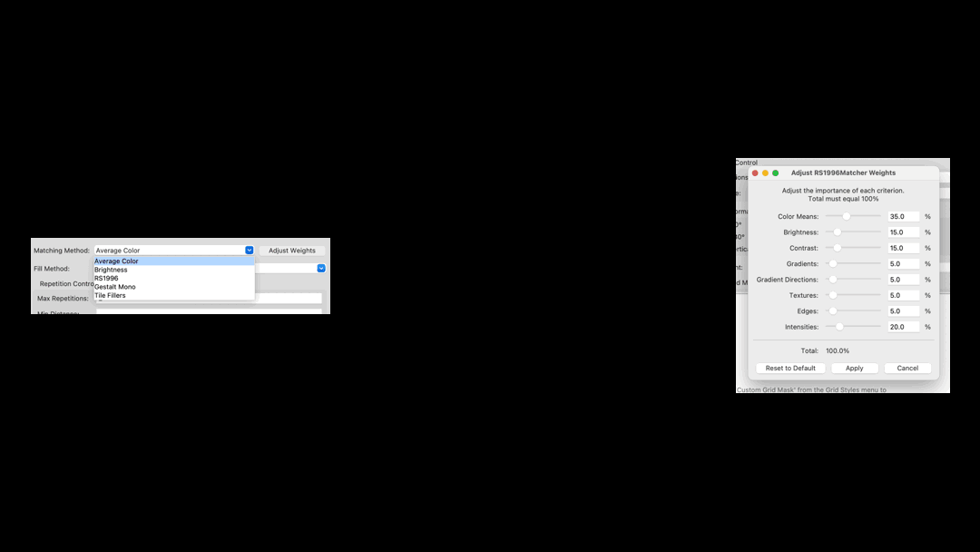 GIF showing Mozaix application's custom algorithm control panels with adjustable parameters for visual feature weighting - demonstrating how creative professionals can develop transparent, customizable AI tools rather than relying on opaque commercial solutions