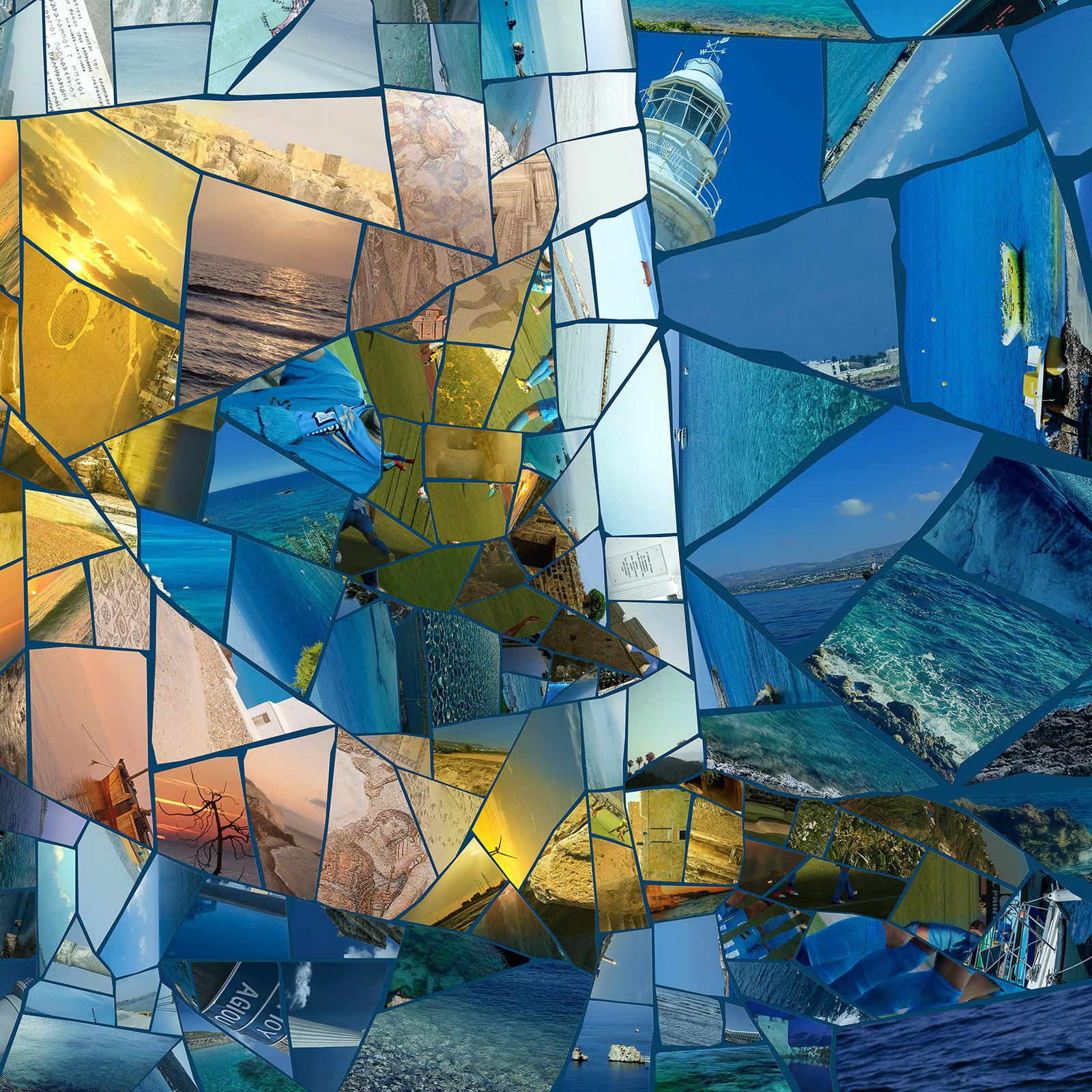 Mosaic portrait featuring Paphos lighthouse and diverse coastal Mediterranean photography