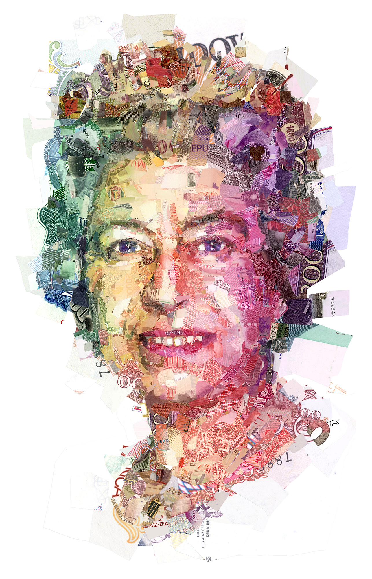 A regal collage portrait of Queen Elizabeth II, money collage illustration