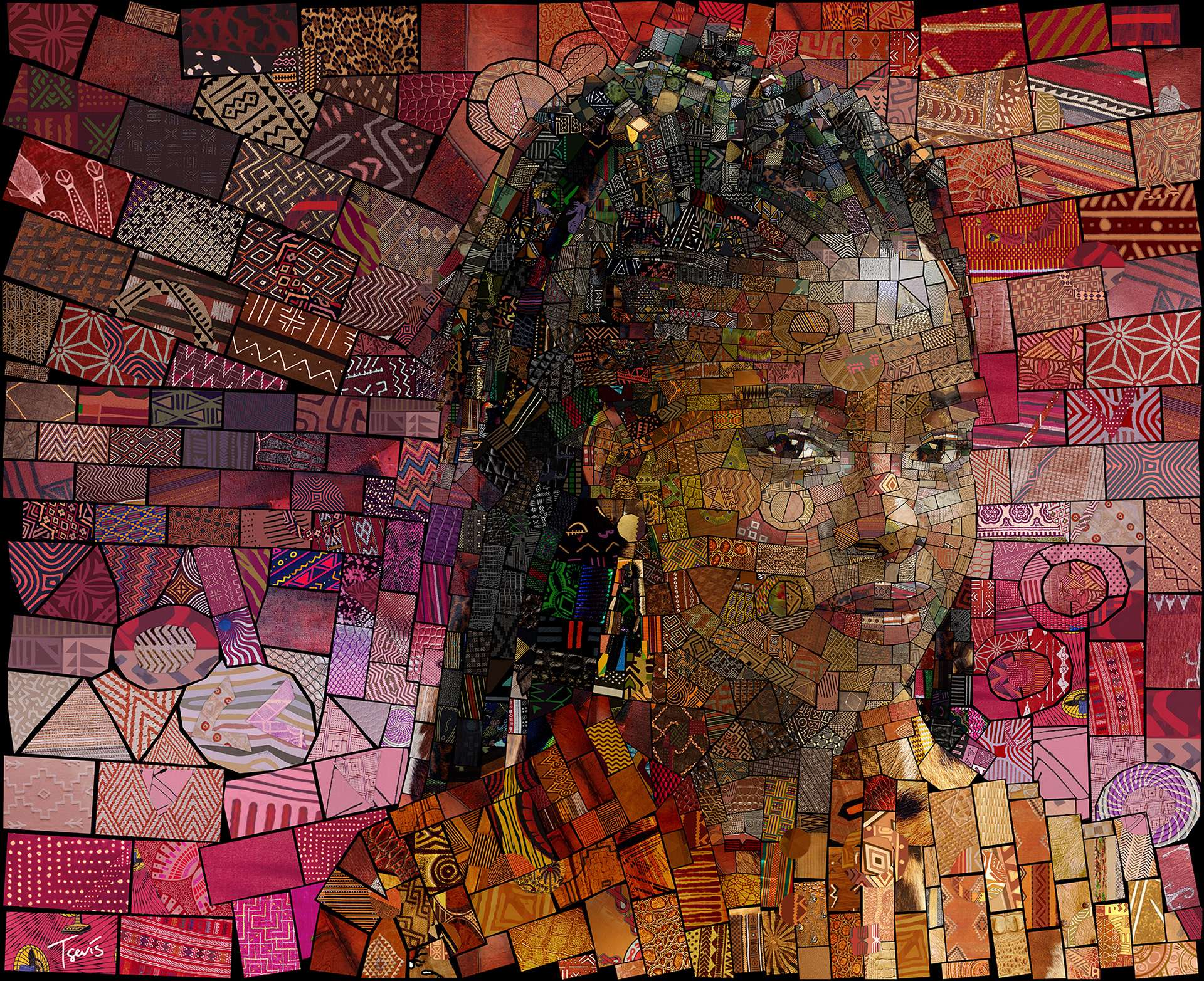 Mosaic artwork of poet Amanda Gorman in an African bricks style