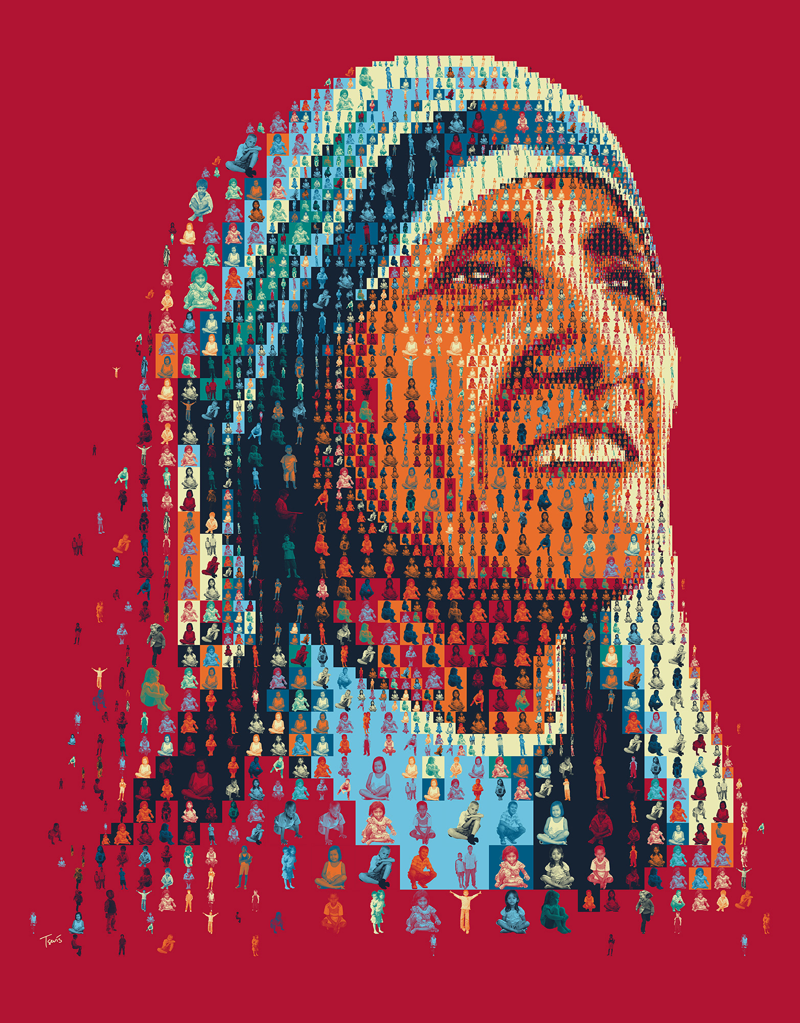 Photomosaic artwork of Mother Teresa, created in tribute to her life of service and compassion in India, mosaic from thousands of photos