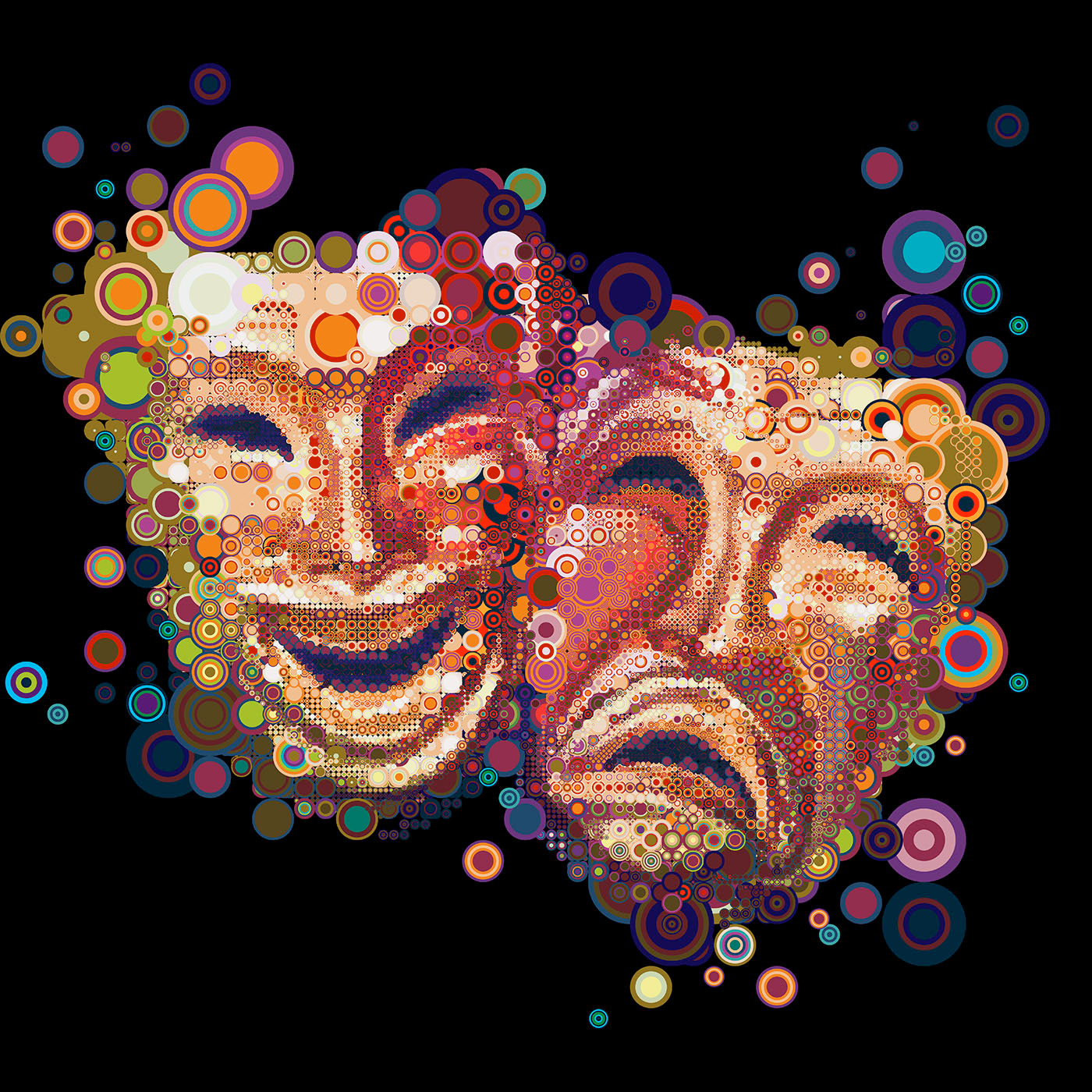 digital mosaic based on colorful concentric circles showing two theatrical masks