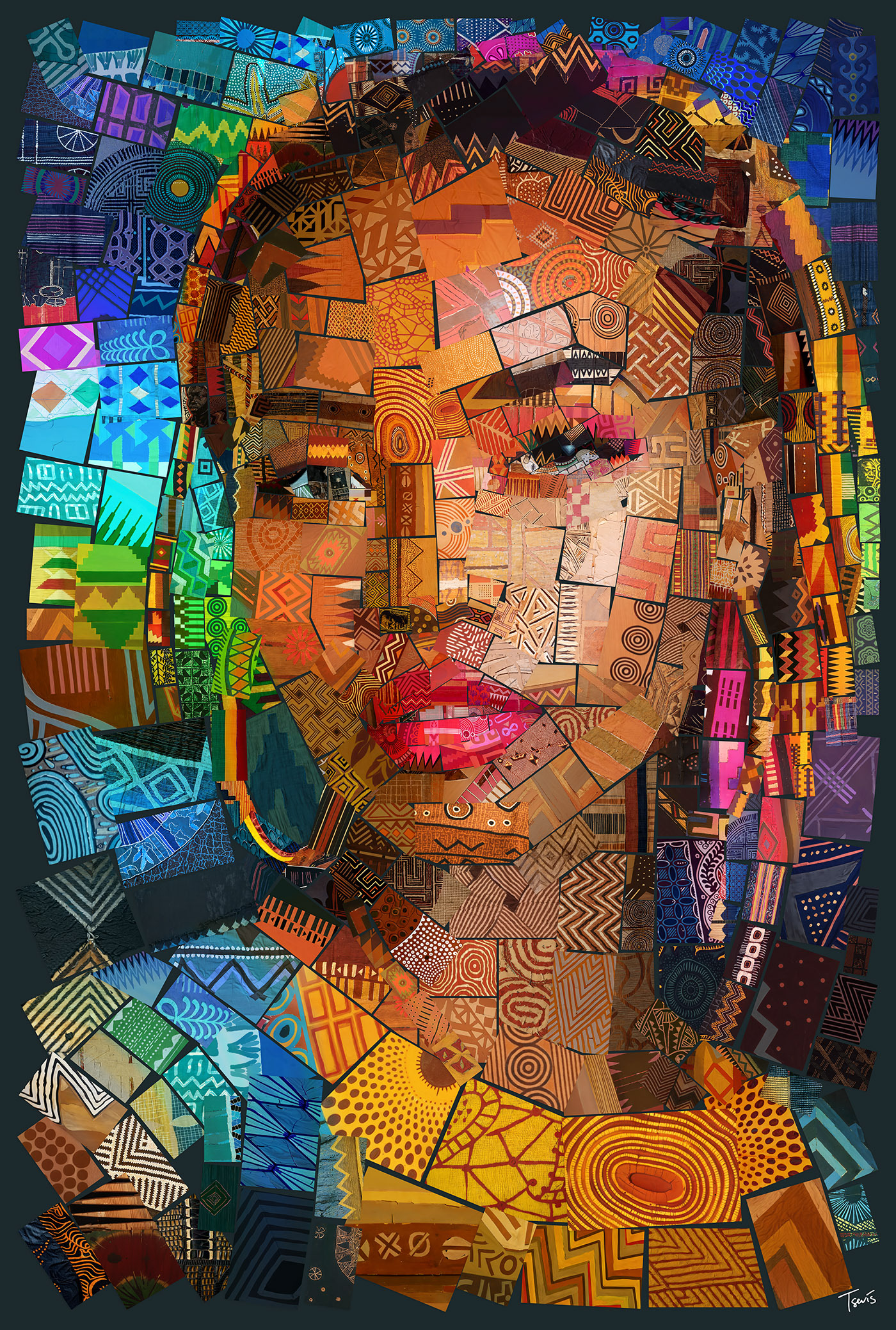 Tyla in vibrant rainbow mosaic celebrating her Queen of Popiano status - energetic portrait of Grammy-winning South African artist.