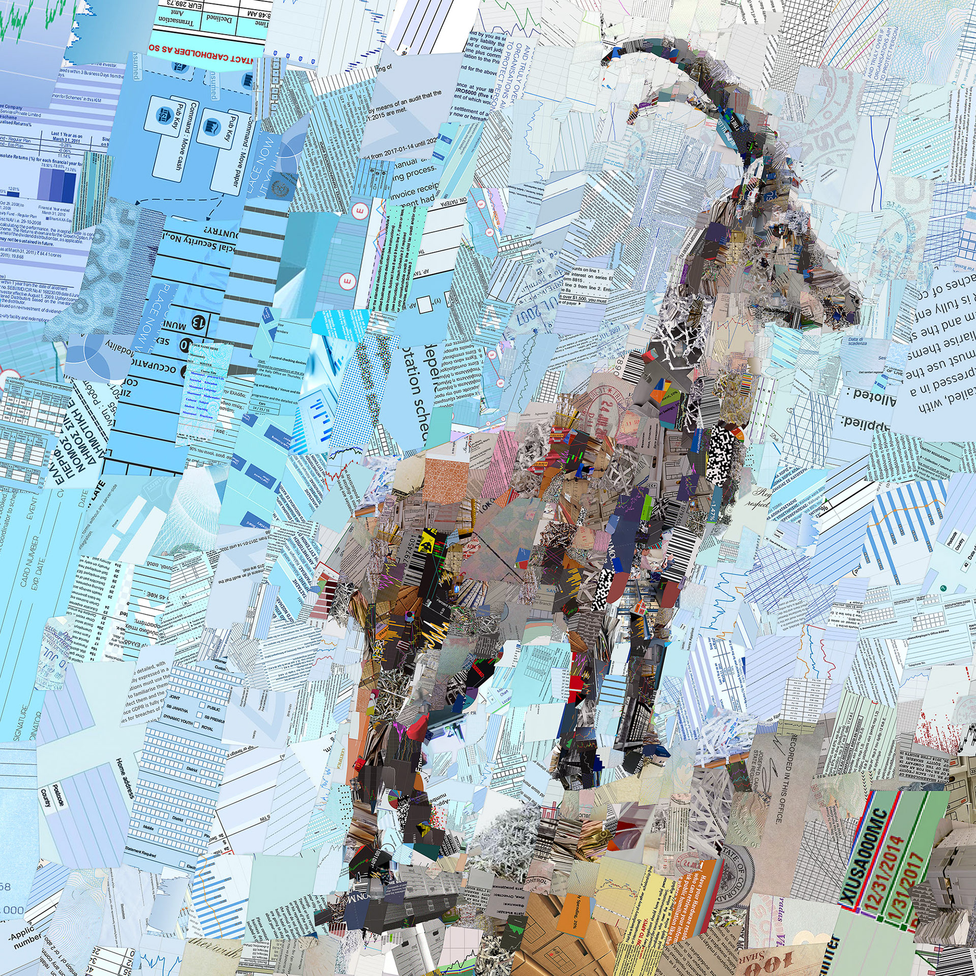 Animal made out of data and pieces of office documents, corporate art