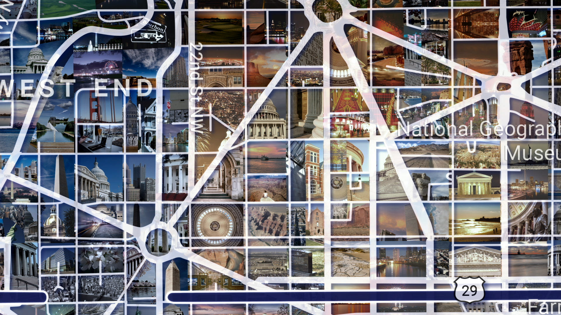 Detailed digital mosaic based on a city map, animated mosaic illustration