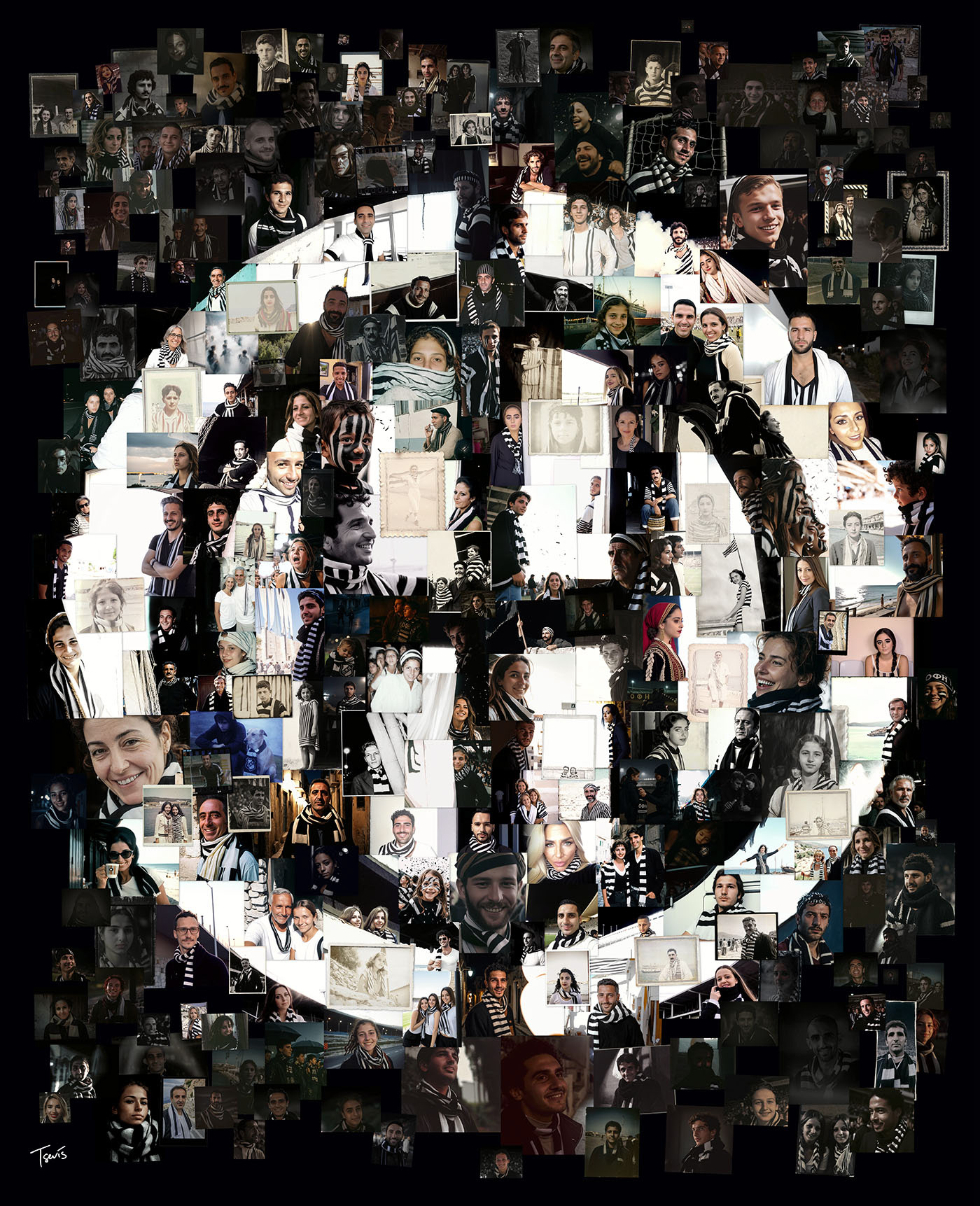 A black-and-white digital mosaic honoring 100 years of OFI Crete, crafted from imagined fan photographs that reflect the enduring spirit and commitment of the club's supporters.