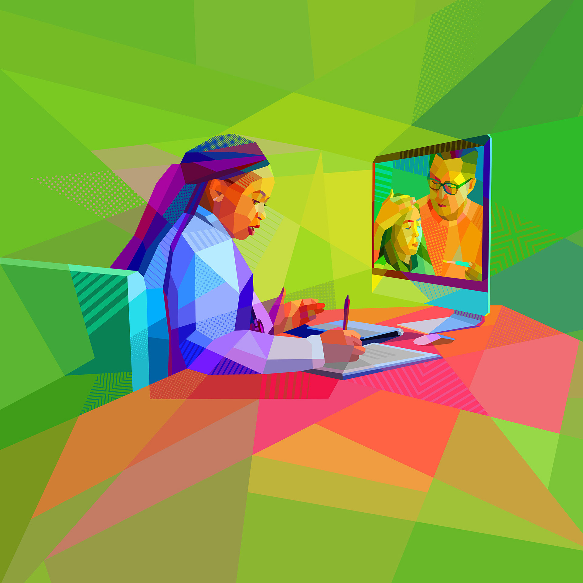 Online doctor meeting, Neo-futuristic custom healthcare illustrations