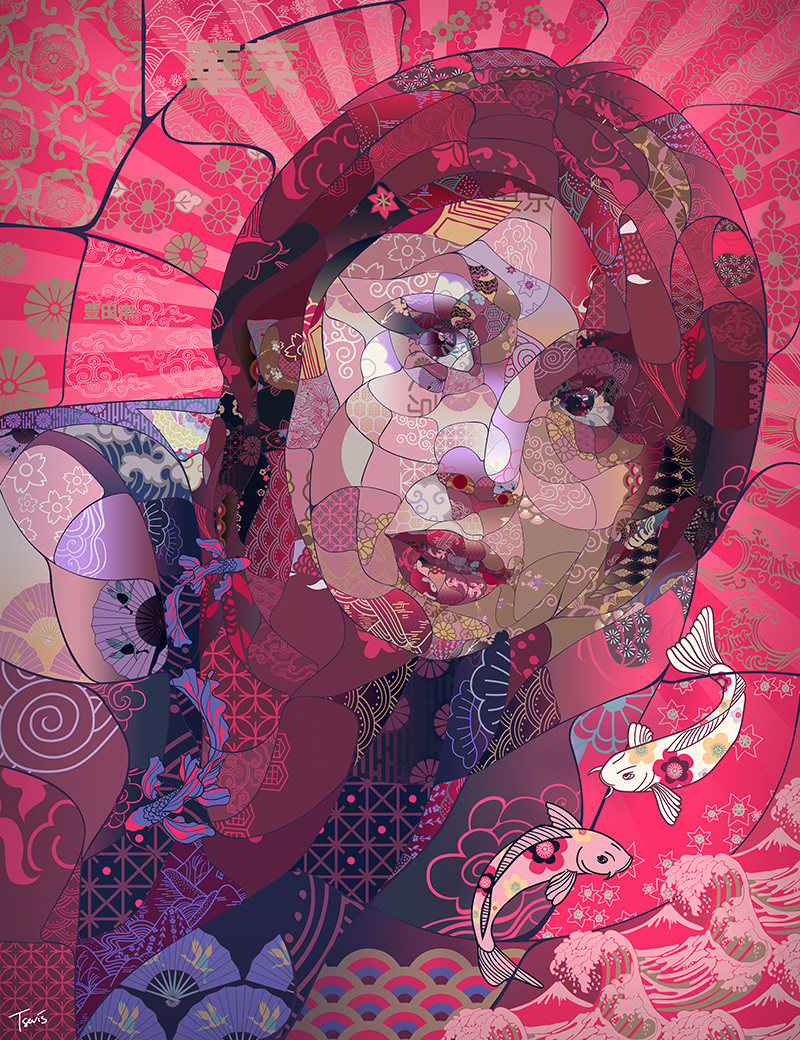 Kana Ichikawa Olympic athlete portrait in digital collage style, sport arti illustration