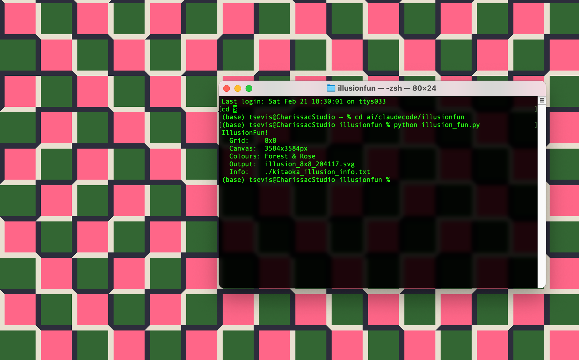 A macOS terminal window overlaid on a geometric optical illusion pattern. The terminal shows a zsh session where the user navigates to ai/claudencode/illusionfun directory and runs "python illusion_fun.py". The output displays: "IllusionFun! Grid: 8x8, Canvas: 3584x3584px, Colours: Forest & Rose, Output: illusion_8x8_204117.svg, Info: ./kitaoka_illusion_info.txt". The background features a repeating checkerboard pattern of dark green and bright pink squares with cream-colored borders and black outlines, creating a three-dimensional optical illusion effect where the squares appear to overlap and recede diagonally.