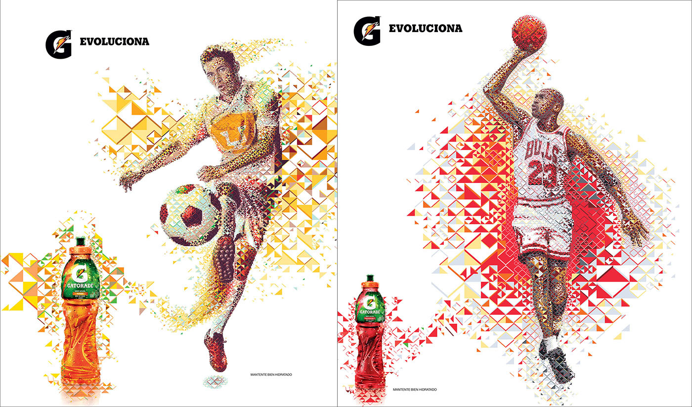 The image showcases two dynamic digital illustrations from Gatorade’s “Evoluciona” campaign, celebrating athletic excellence through bold geometric patterns and vivid colors. On the left, Paulo Henrique Ganso, a Brazilian footballer, is depicted in mid-action, dribbling a soccer ball with precision and flair. The background features a mosaic of bright yellow and orange triangles, symbolizing energy and movement. A Gatorade bottle is prominently displayed at the bottom, reinforcing the brand’s message of hydration and performance. On the right, Michael Jordan, the legendary basketball player, is illustrated in an iconic pose, leaping to dunk the ball. The background uses a striking combination of red, orange, and white triangles, evoking intensity and passion. Both illustrations are designed to reflect the cultural heritage and athleticism of their respective sports, emphasizing the theme of evolution and peak performance.