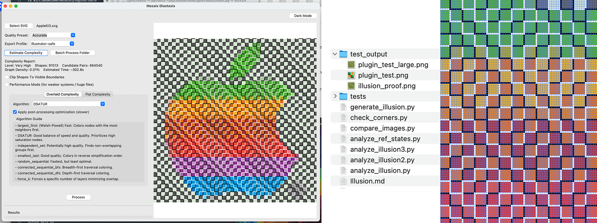 Screenshot of the Mozaix Diastasis software interface showing three main sections: on the left, a control panel with settings for SVG selection, quality presets, export profiles, and algorithm options (DSATUR selected) with complexity statistics showing 91,513 shapes and 464,540 candidate pairs. The center displays a preview of an apple-shaped mosaic rendered in colorful square tiles—green leaves at top, graduating through orange, yellow, red, purple, and blue sections—set against a black-and-white checkerboard background. On the right, a file browser shows test output folders and Python scripts for illusion generation and analysis, alongside a zoomed-in view of the mosaic tile pattern revealing the detailed grid structure in green, orange, and purple tiles.