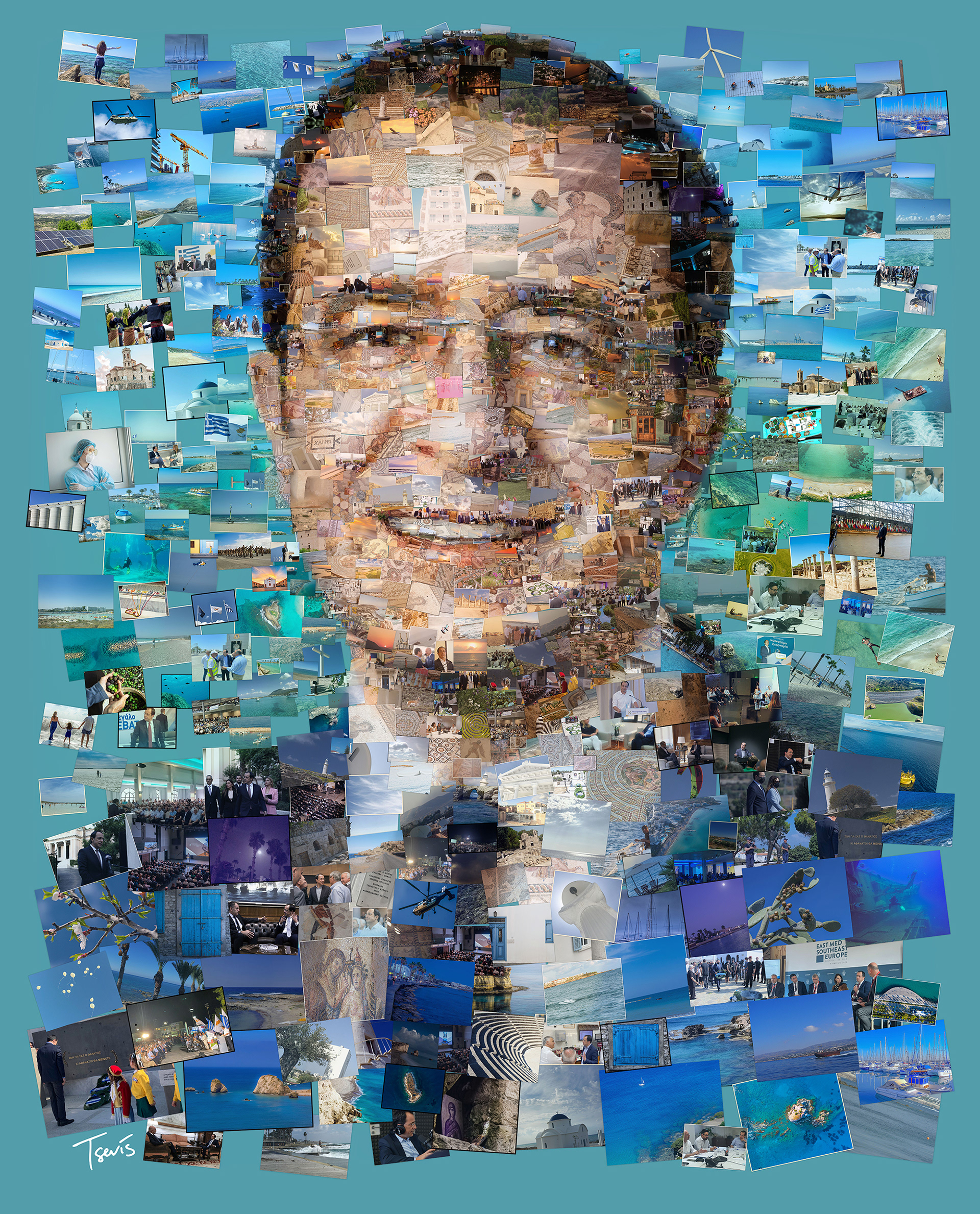 Political leader portrayed in a mosaic. Nikos Christodoulides, 8th President of Cyprus portrait