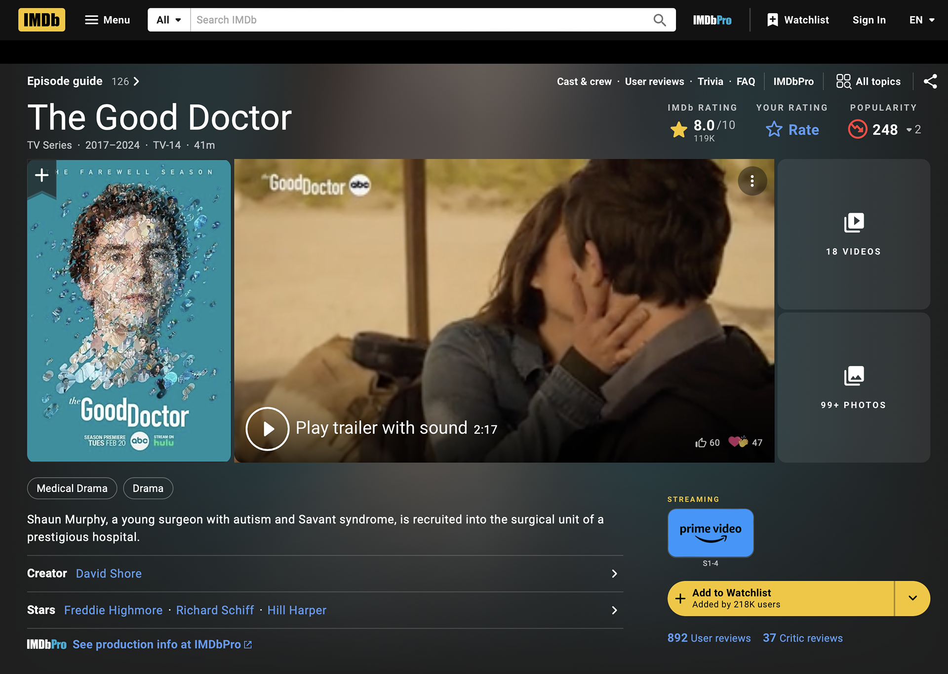 IMDb screenshot of the Good Doctor Disney series, mosaic movie poster