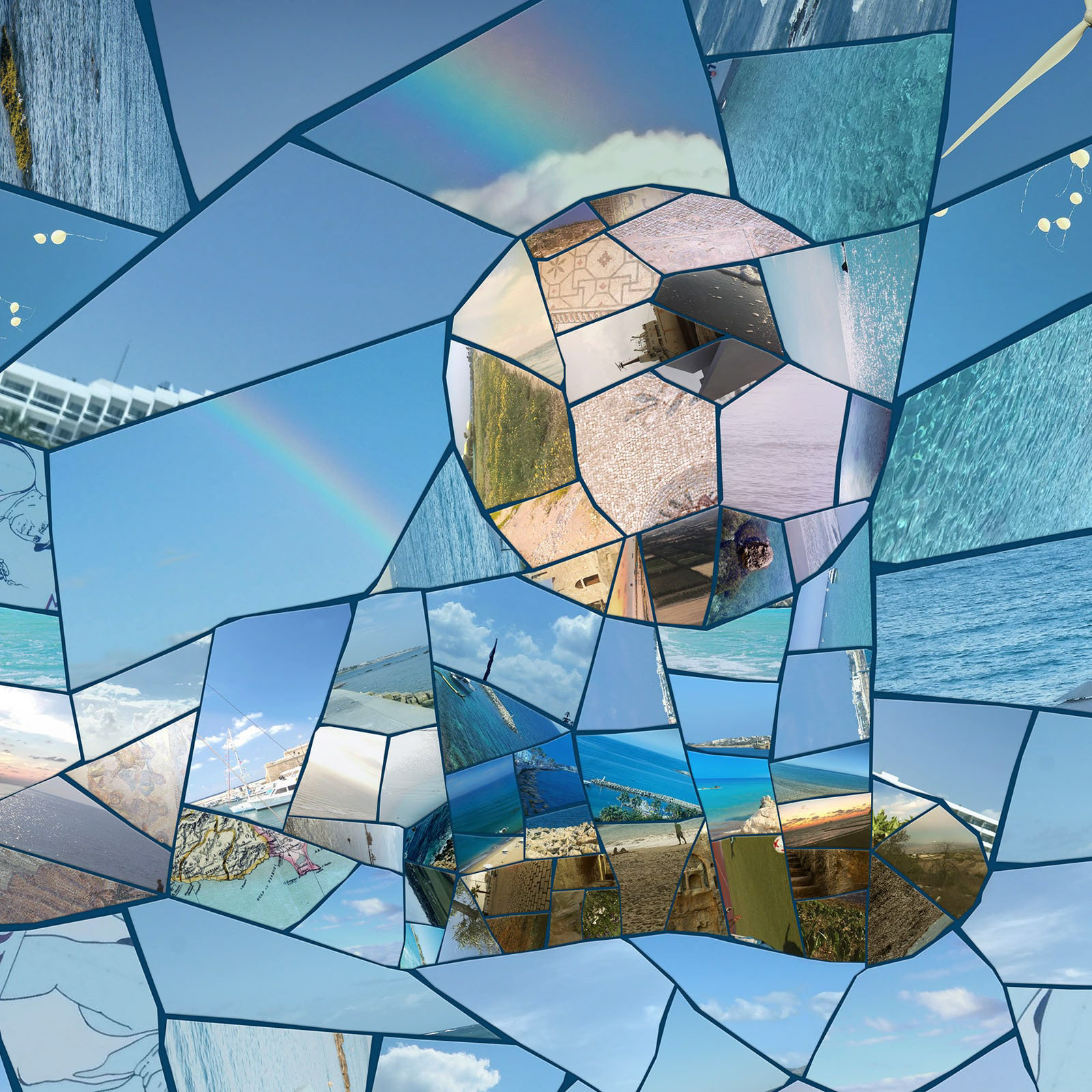 Soccer ball shaped mosaic created from Paphos landmark photographs and Mediterranean imagery