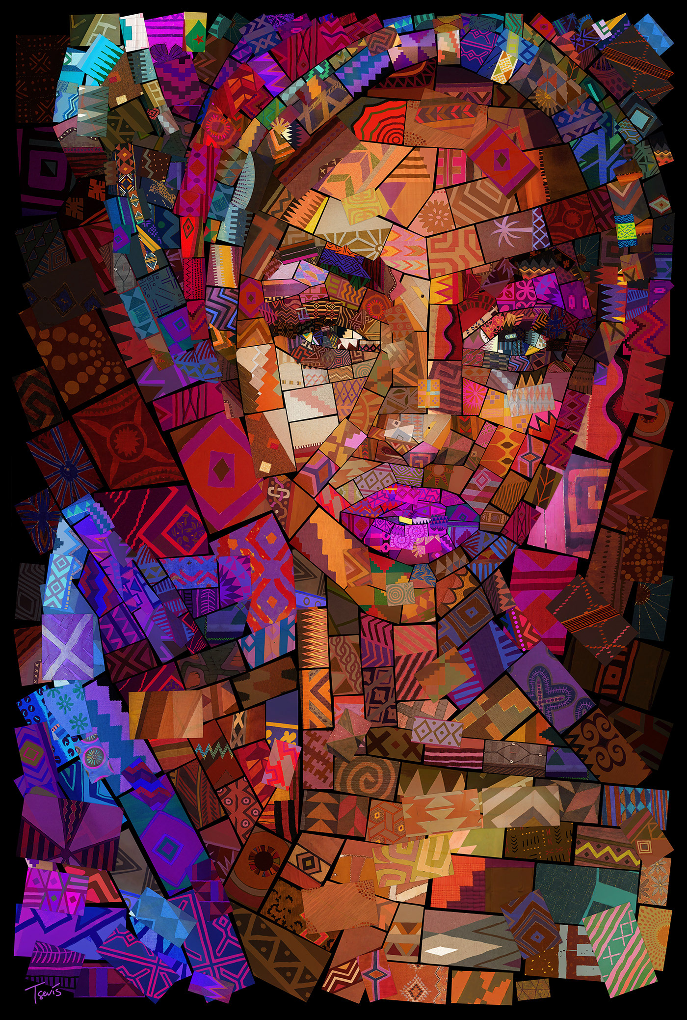 Regal African woman portrait in vibrant mosaic of traditional textile patterns with elaborate headwrap - contemporary cultural art.