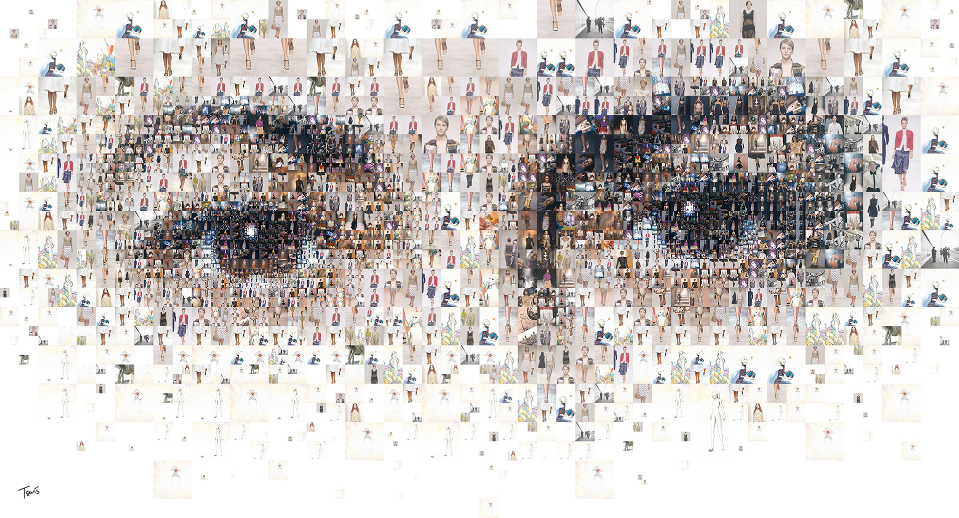 Mosaic illustration of Miuccia Prada's eyes, editorial illustration
