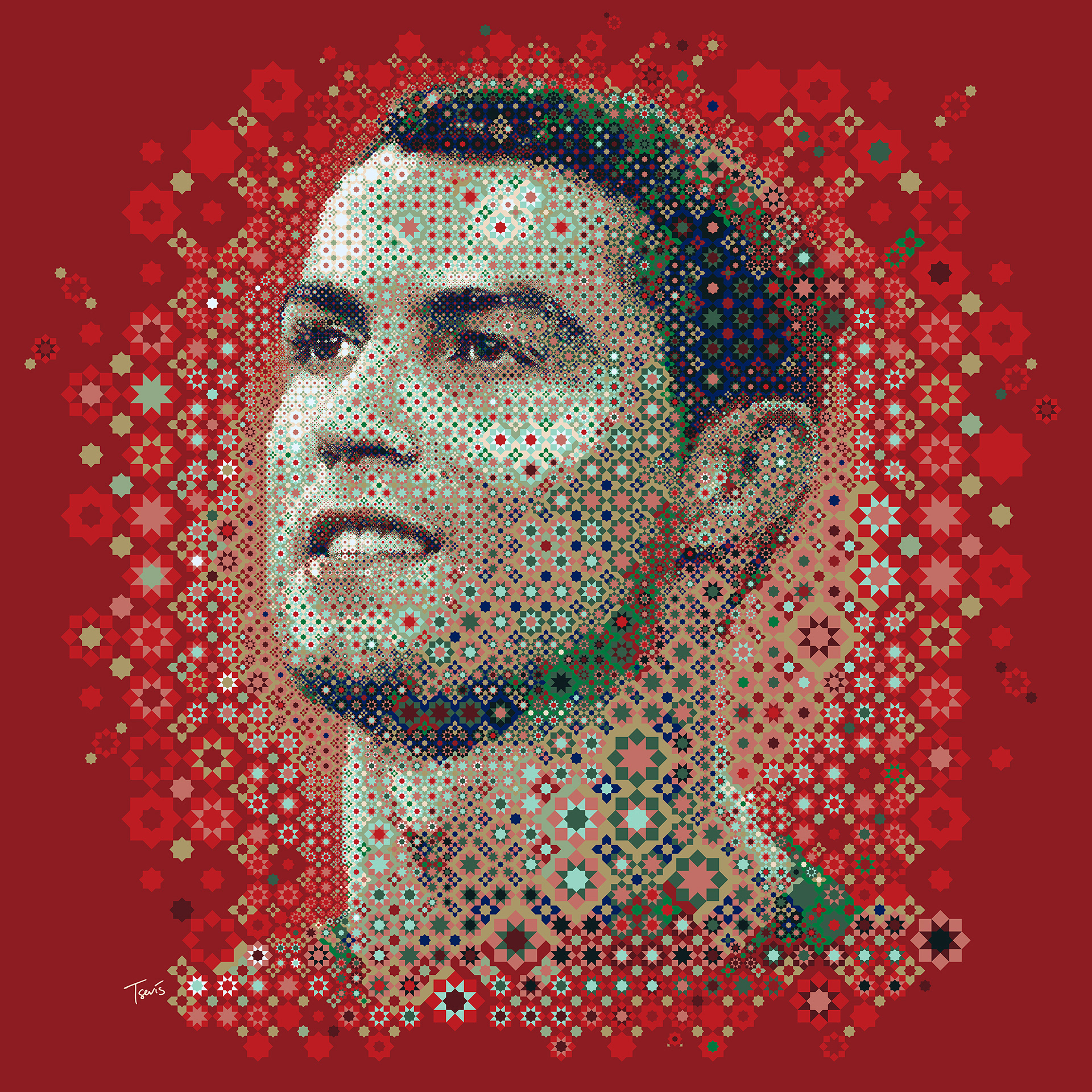 Cristiano Ronaldo in a digital mural celebrating Qatar 2022 with Arabesque patterns