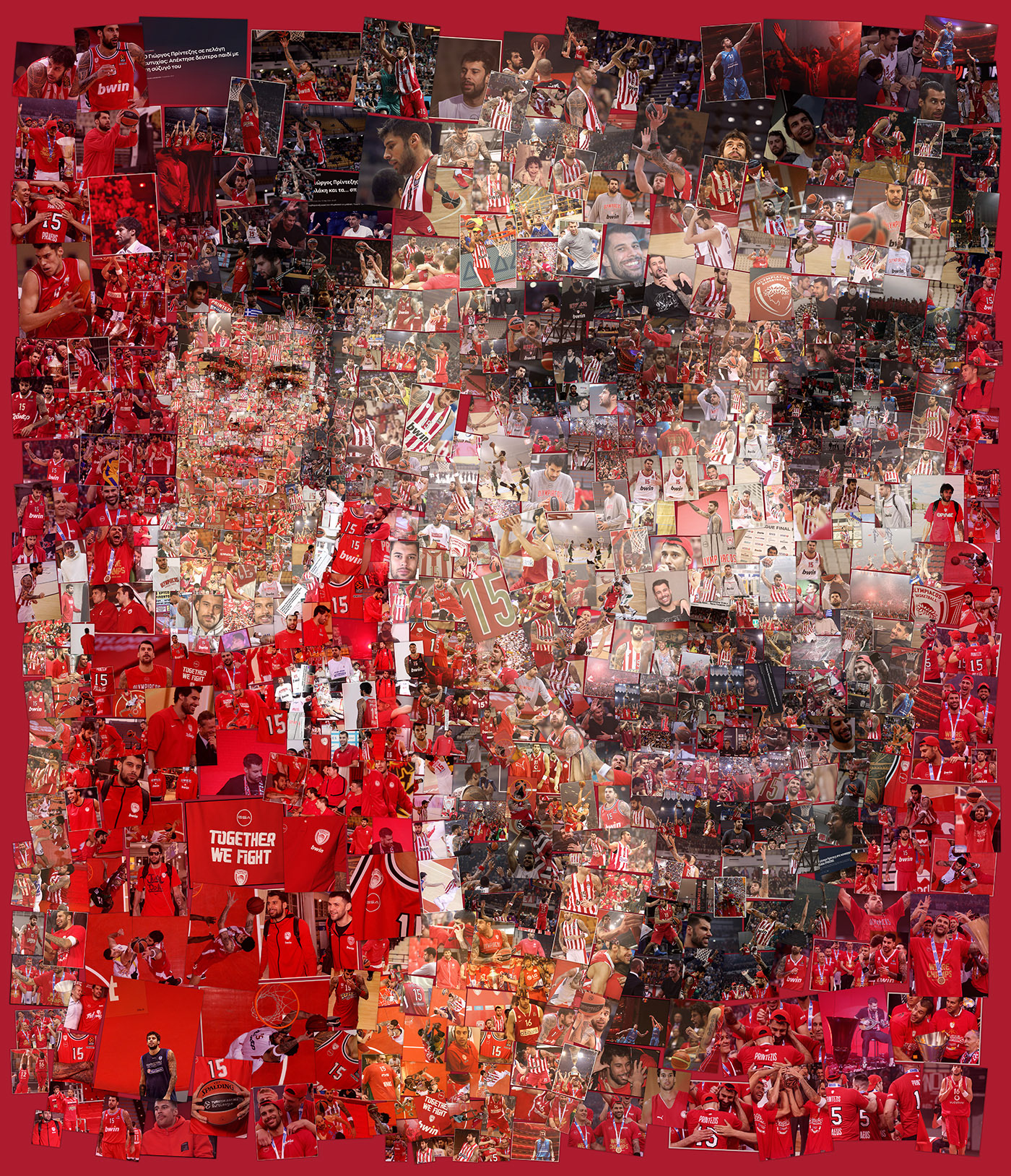 A vibrant digital mosaic portrait of Giorgos Printezis, created using a collage of images from his career with Olympiacos BC.