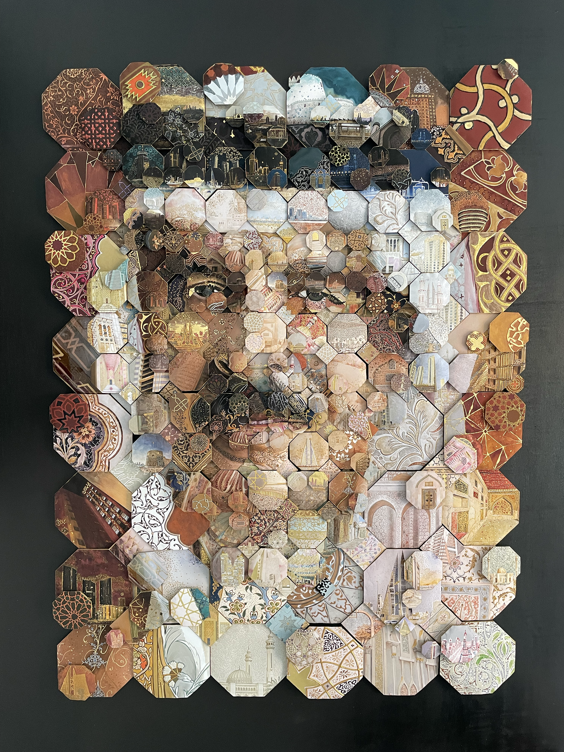 Final analog mosaic portrait of King Hamad, handcrafted with 450 cultural tiles. 