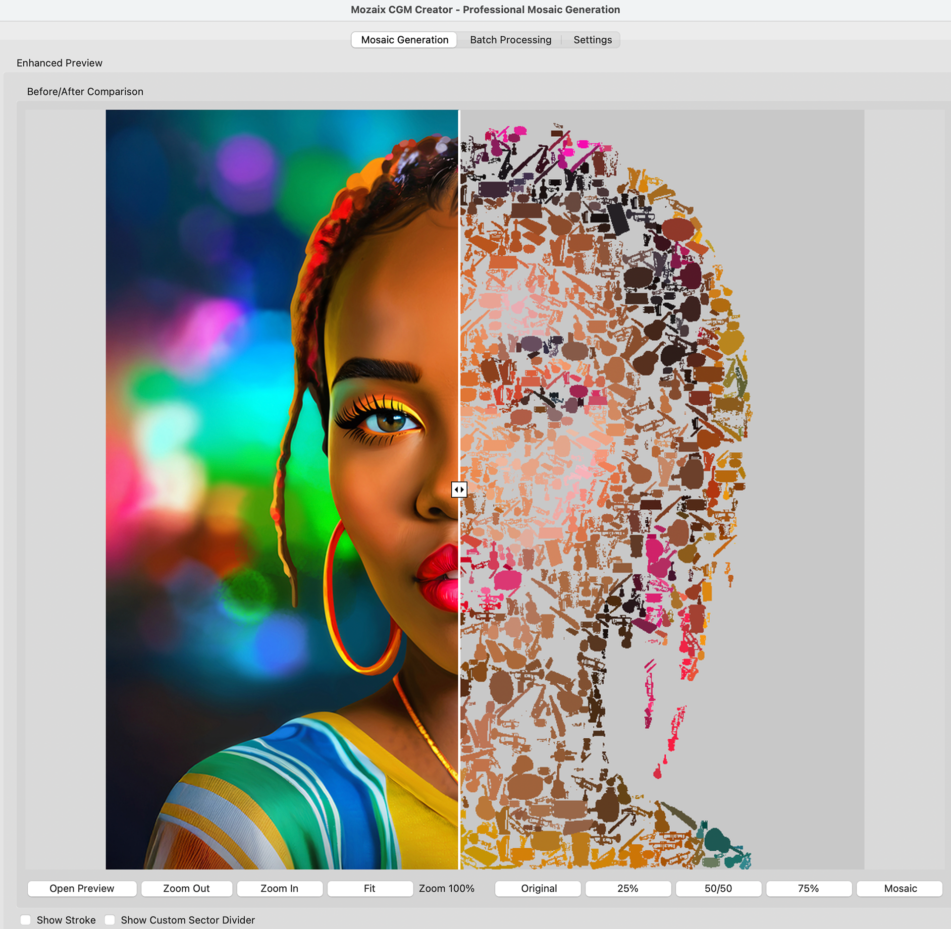 Screenshot of Mozaix CGM Creator — Professional Mosaic Generation application on macOS. The title bar reads "Mozaix CGM Creator - Professional Mosaic Generation". Three tabs are visible at the top: Mosaic Generation (selected), Batch Processing, and Settings. The main panel is labeled "Enhanced Preview" with a "Before/After Comparison" sub-label. The canvas shows a vertical split-screen comparison at the 50/50 position. The left half shows the original photograph: a close-up portrait of a young woman with braided hair, a hoop earring, red lipstick, and a striped yellow, green, and blue top, against a blurred background of colorful bokeh lights in teal, green, pink, and purple. The right half shows the mosaic output: the same portrait reconstructed from hundreds of small musical instrument silhouettes — trumpets, guitars, flutes, drums, and other shapes — arranged to recreate the tones and contours of the face, hair, and shoulders in warm browns, oranges, pinks, and golds against a light gray background. A horizontal toolbar at the bottom contains buttons: Open Preview, Zoom Out, Zoom In, Fit, Zoom 100%, Original, 25%, 50/50 (highlighted), 75%, Mosaic. Two unchecked checkboxes at the bottom left read "Show Stroke" and "Show Custom Sector Divider".