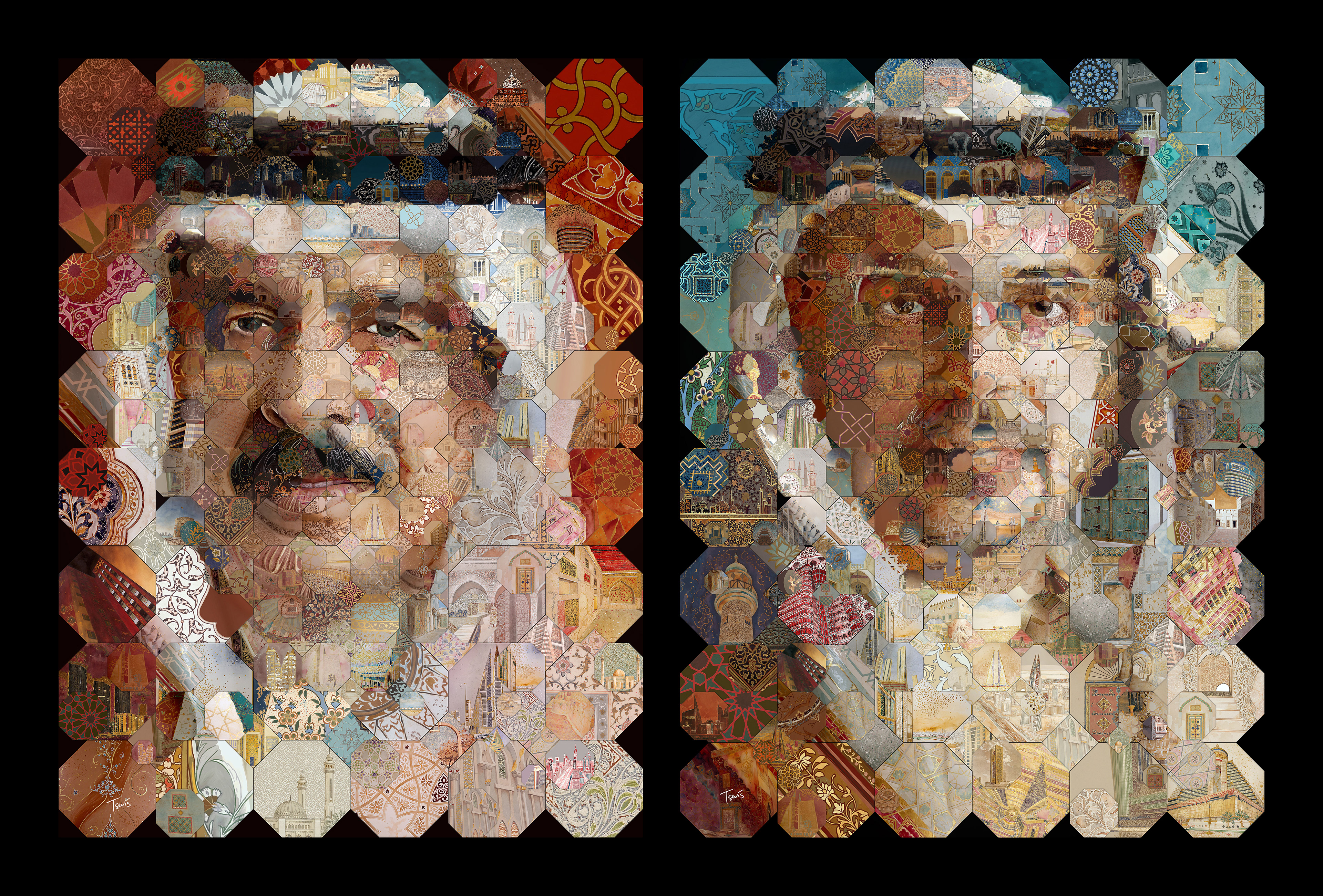 Dual computational mosaic portraits of Bahrain’s royal family, crafted from culturally rich hexagonal tiles.
