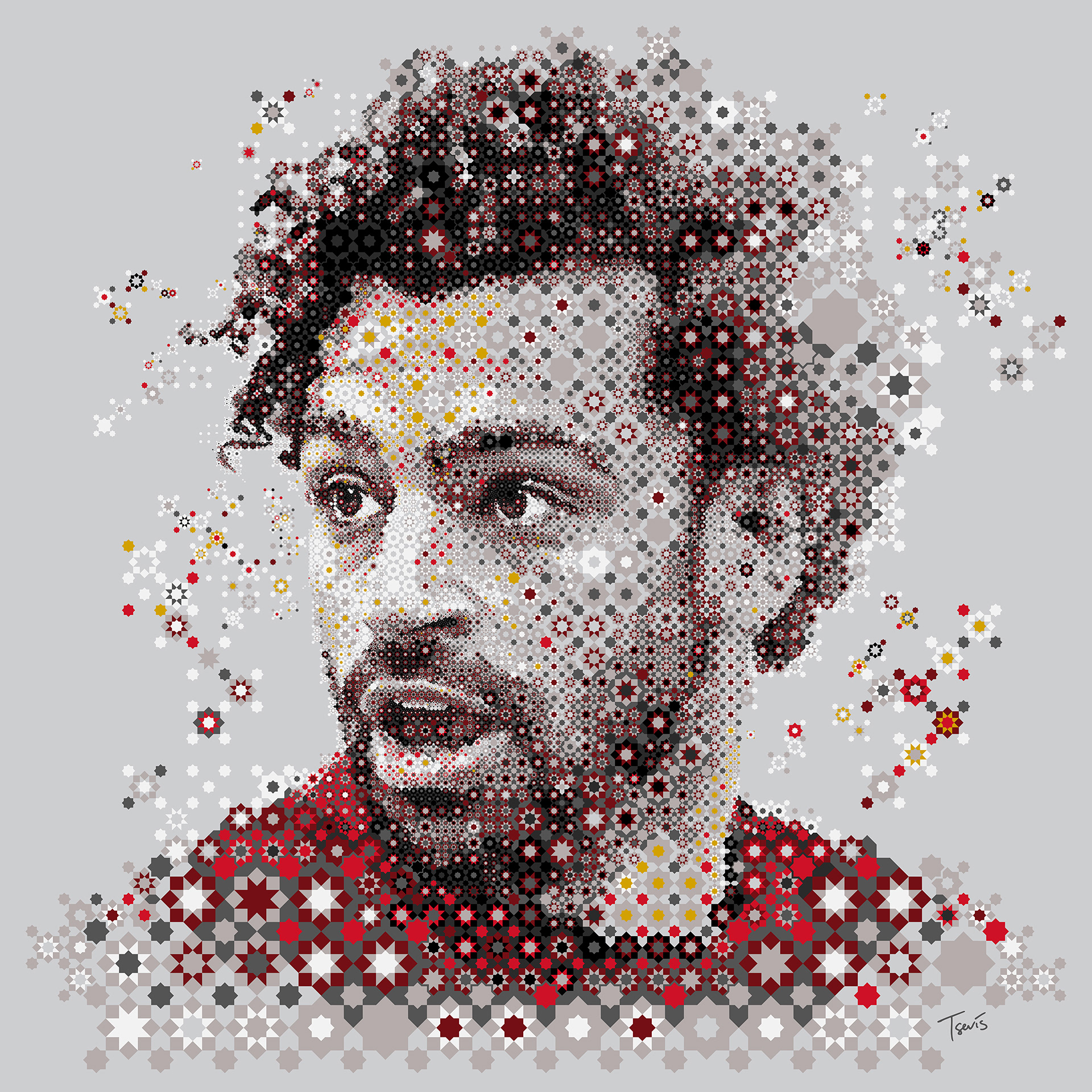 Digital mosaic portrait of Mohamed Salah an Egyptian footballer, made out of Arabesque patterns