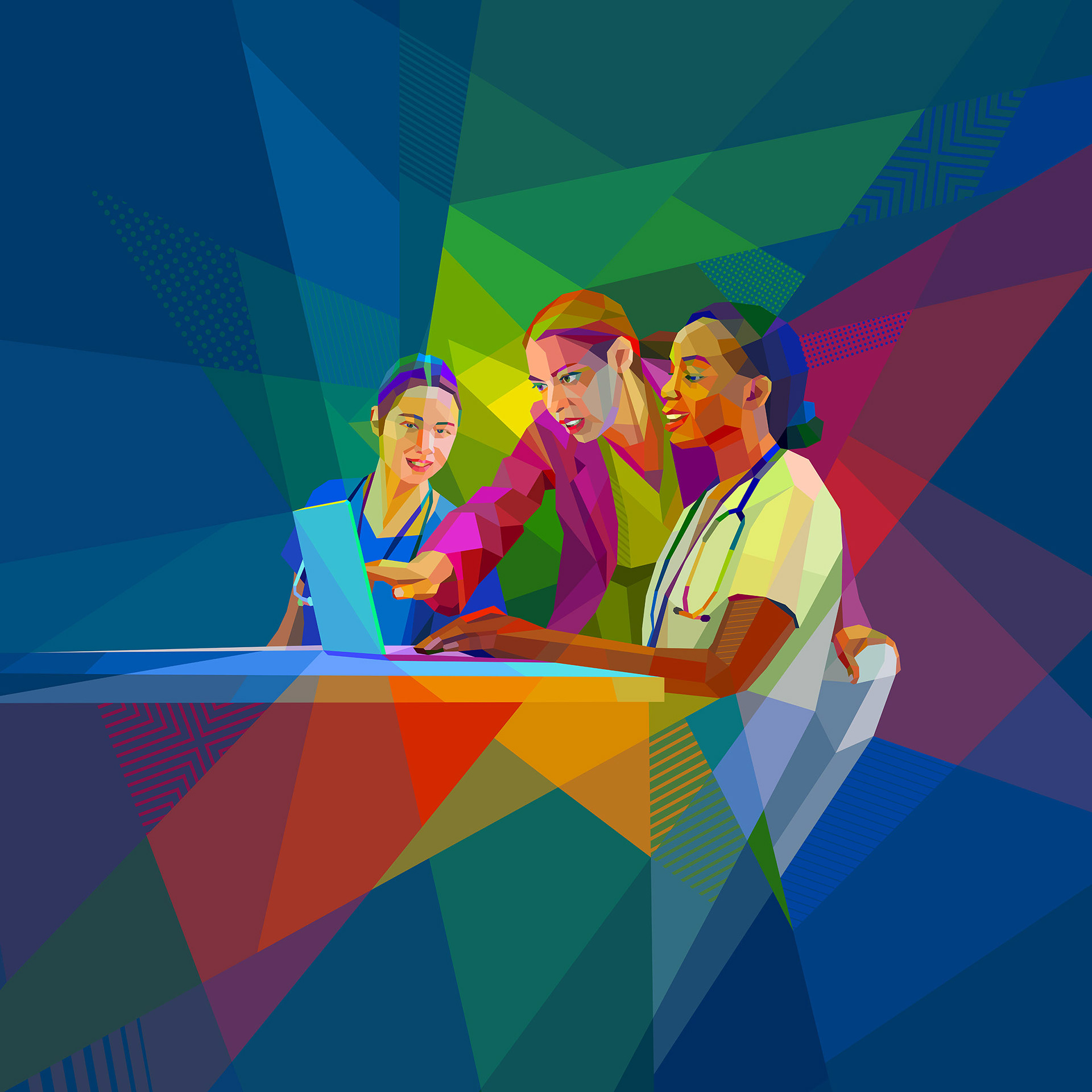 Doctors' digital study, colorful art for healthcare advertising partnerships