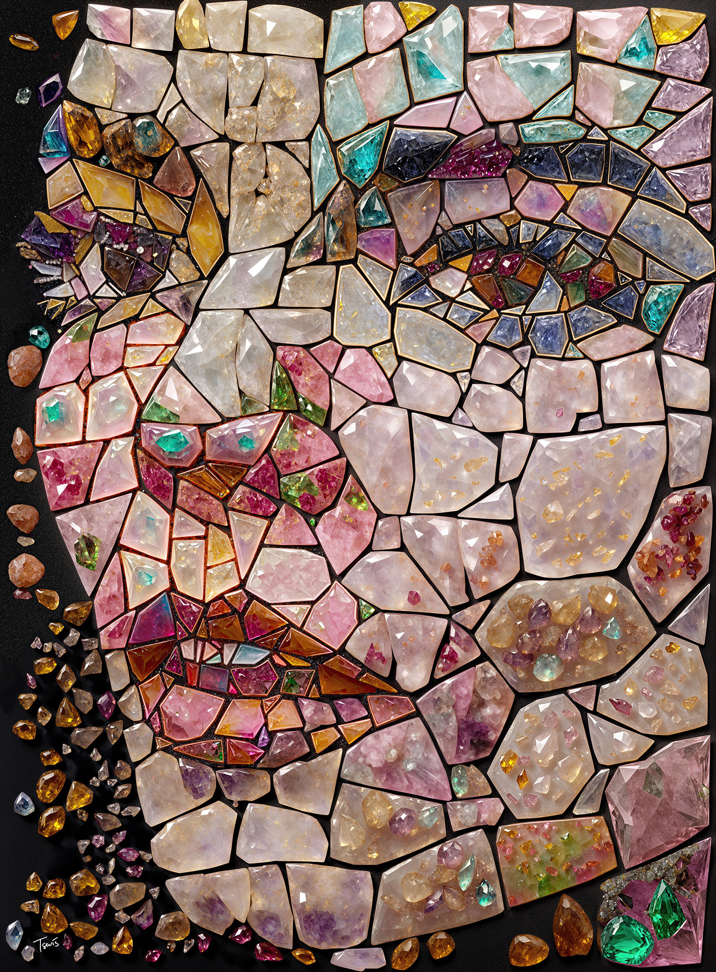 Anya Taylor Joy's face in crystals, cinema illustration in mosaic style