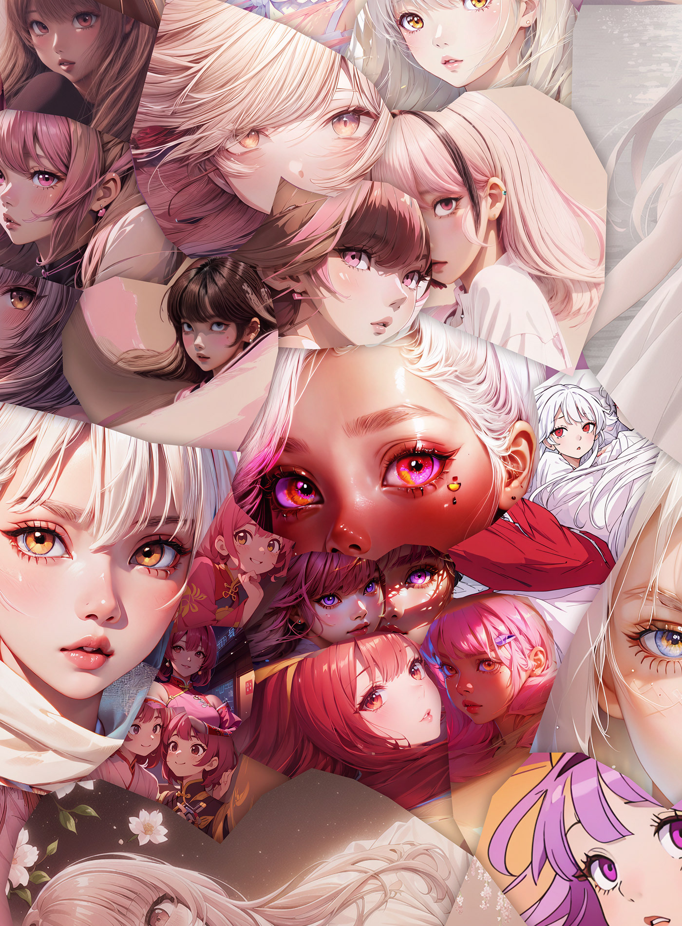 Manga girls in digital mosaic