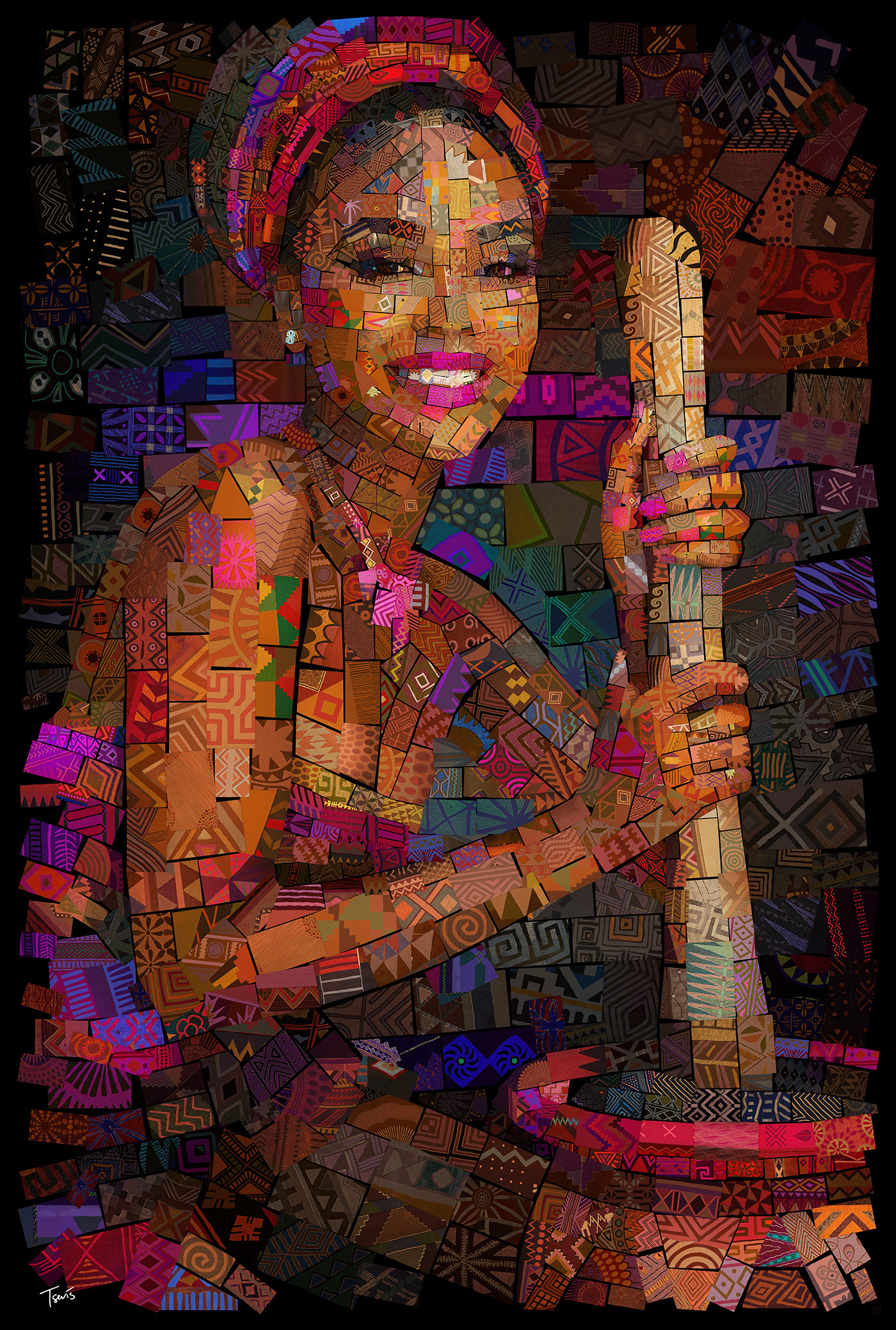 African woman preparing traditional pap in colorful textile mosaic celebrating food culture and maternal strength.
