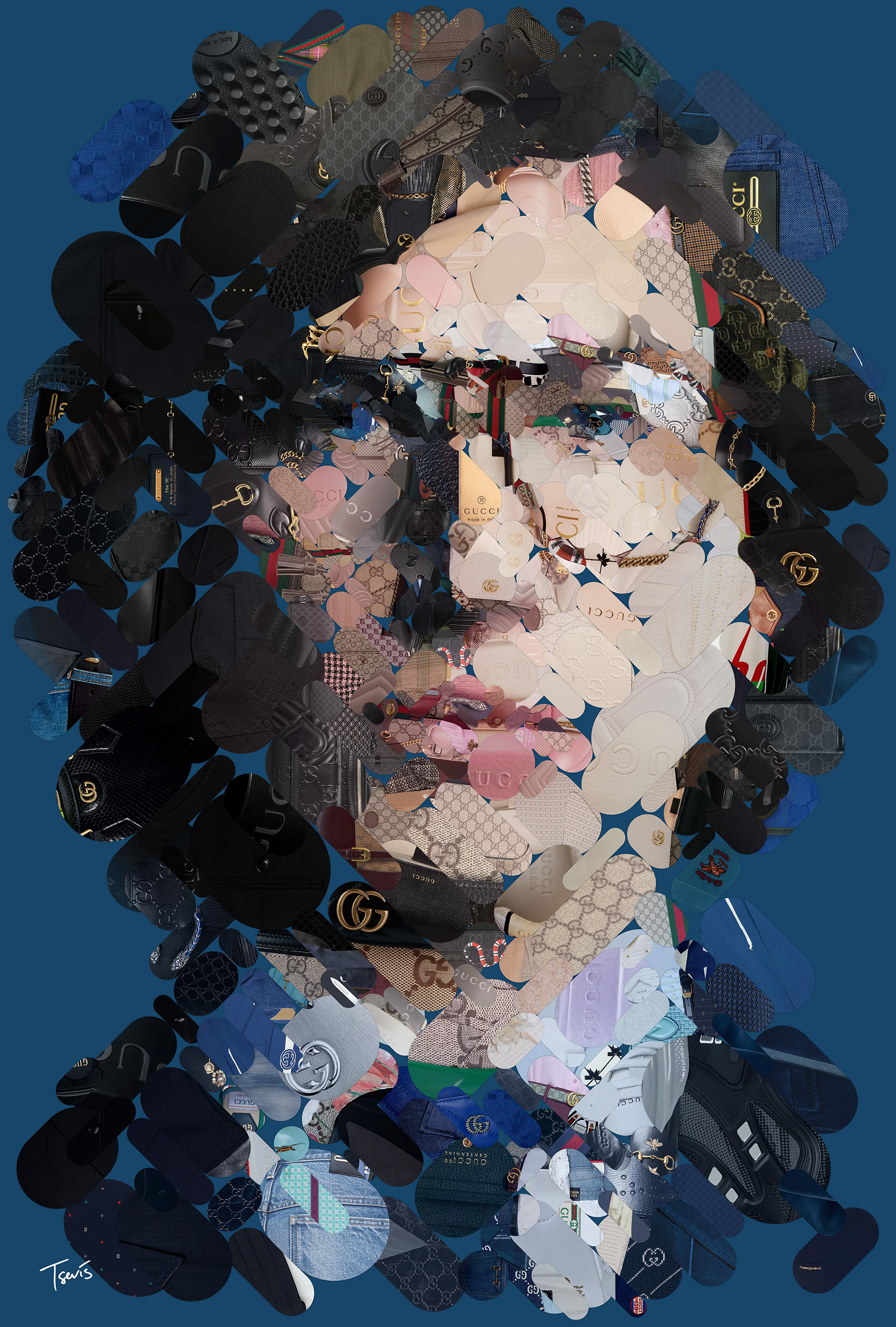 Adam Driver's photomosaic portrait from Gucci products, contemporary artist