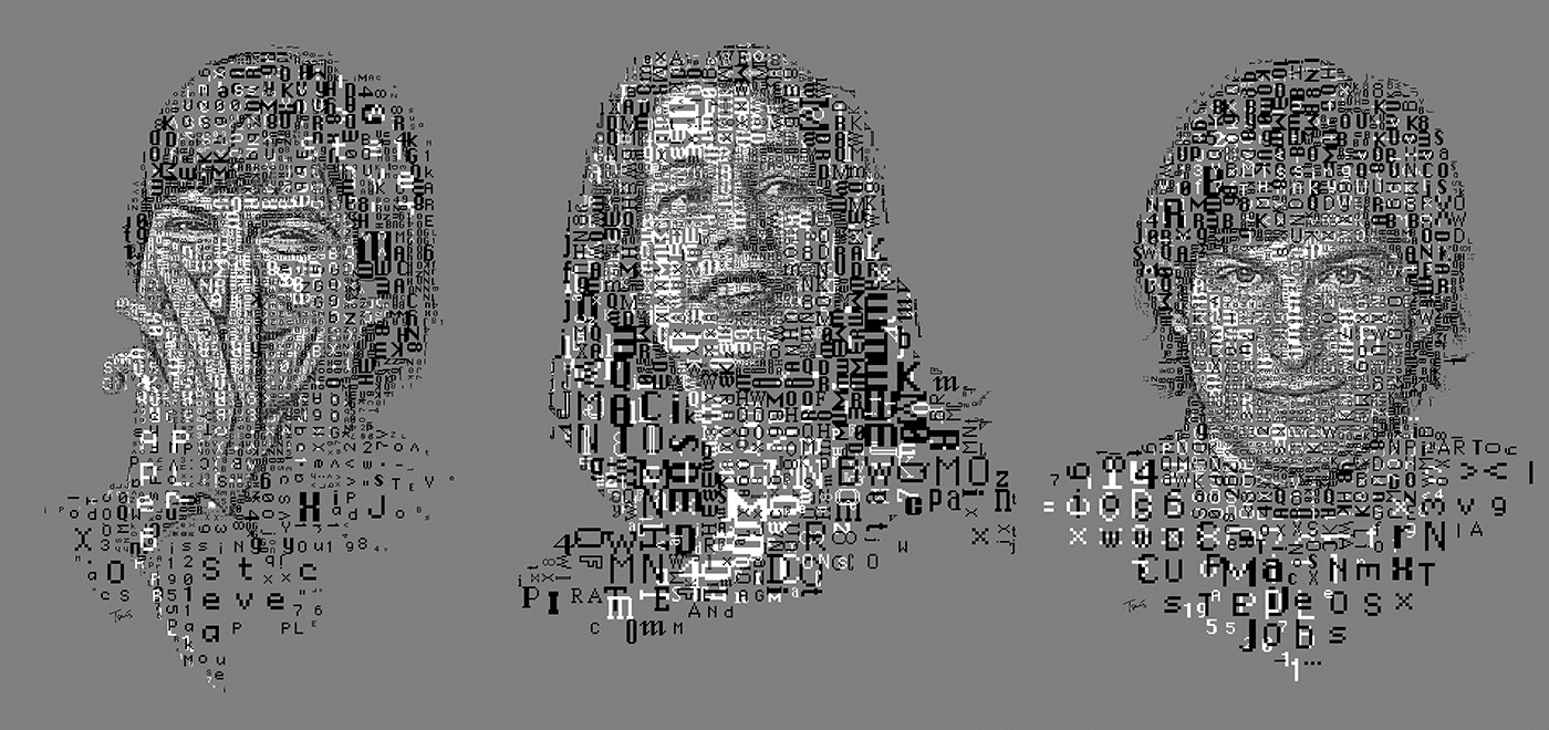 A triptych of monochrome, pixel-art-style portraits created using 1-bit color. The left and middle portraits depict Steve Jobs, rendered with characters from the Chicago and Monaco fonts. The right portrait features Suzan Kare, crafted using all six of her original font designs: Chicago, Monaco, Geneva, New York, Athens, and San Francisco. Each image is composed of black text on a gray background, forming detailed representations of their faces.
