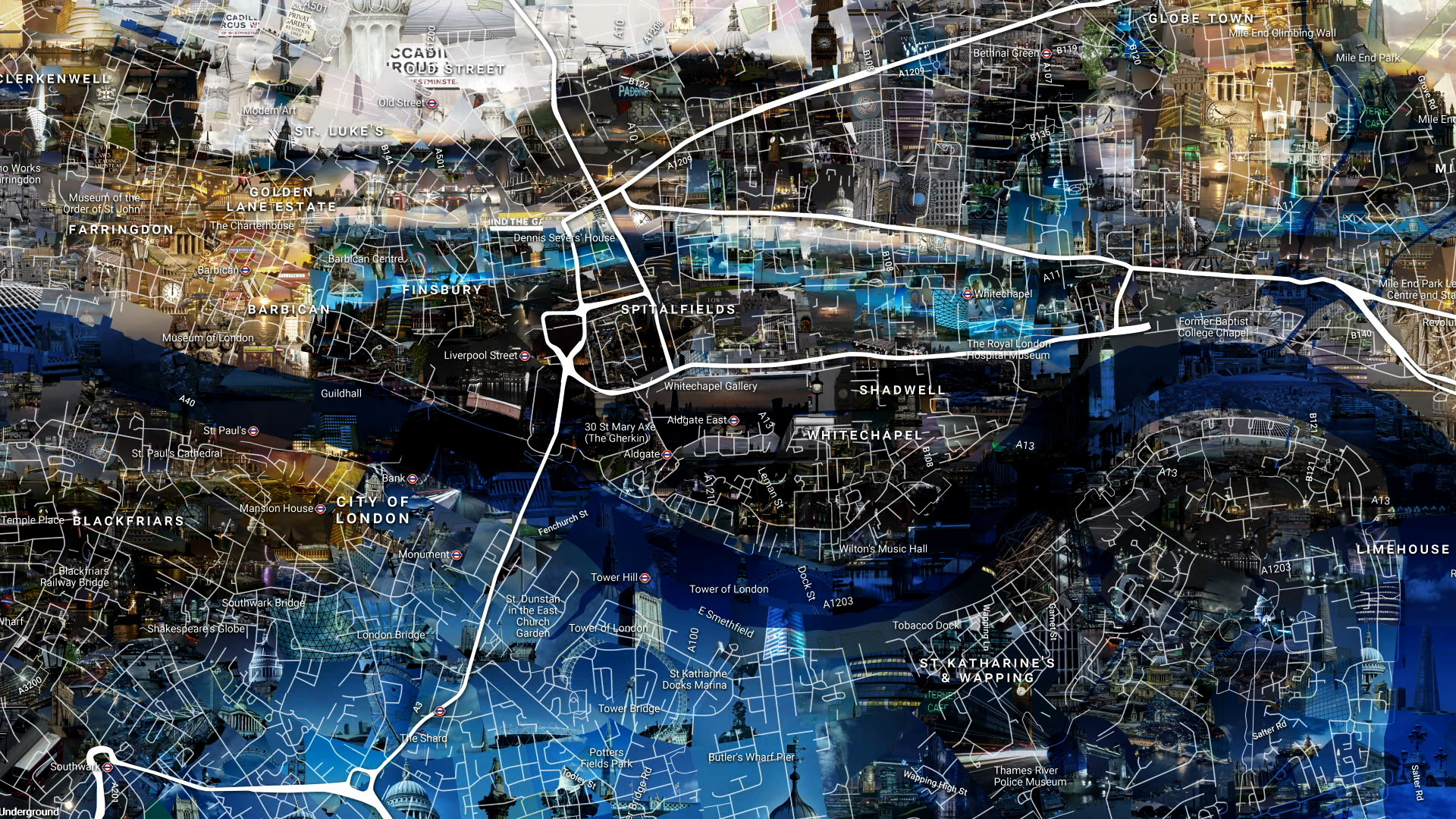 London's map mosaic art, television industry illustration