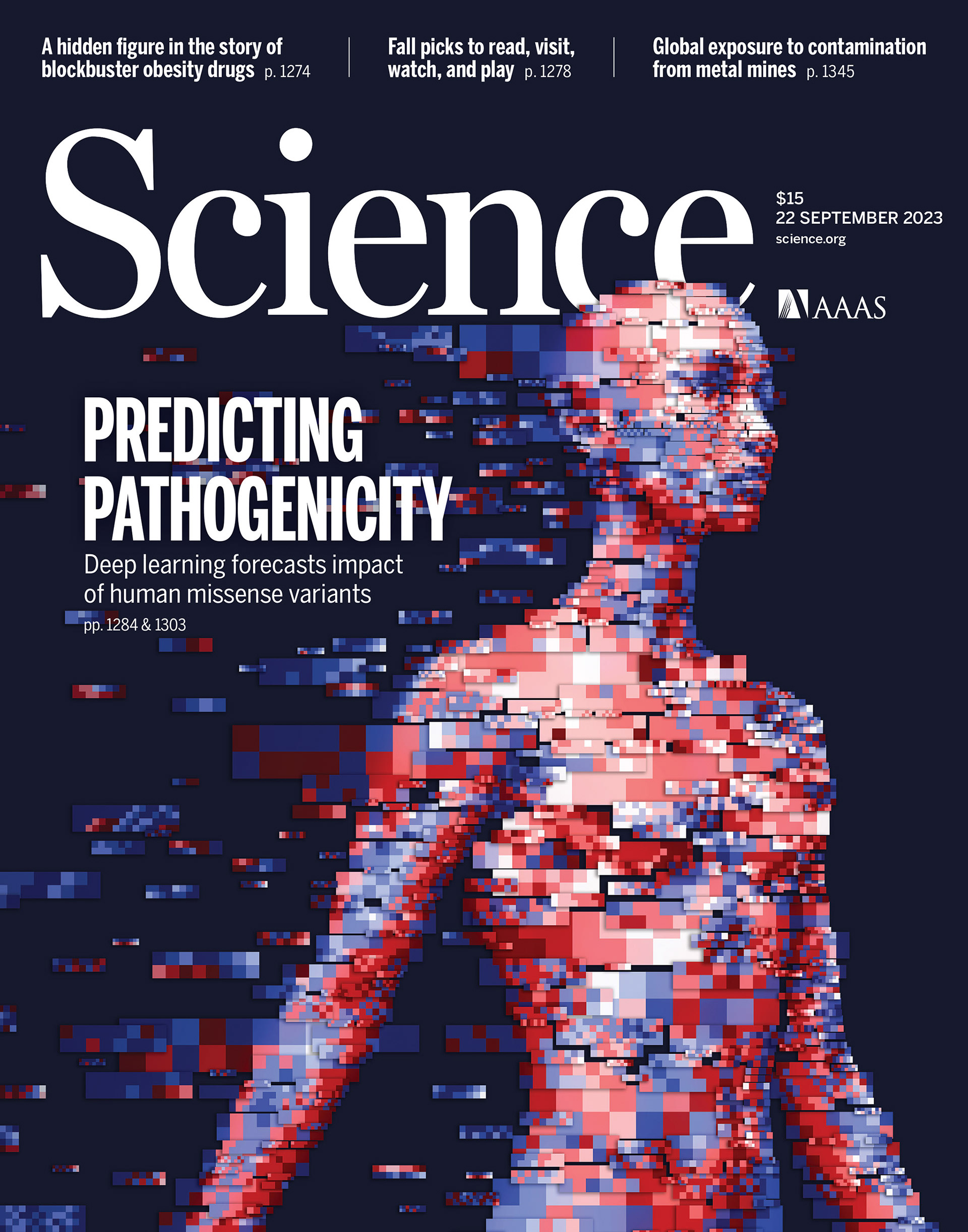 A dynamic digital mosaic illustrating artificial intelligence, featuring interwoven neural network patterns and futuristic abstract elements, on the cover of Science magazine