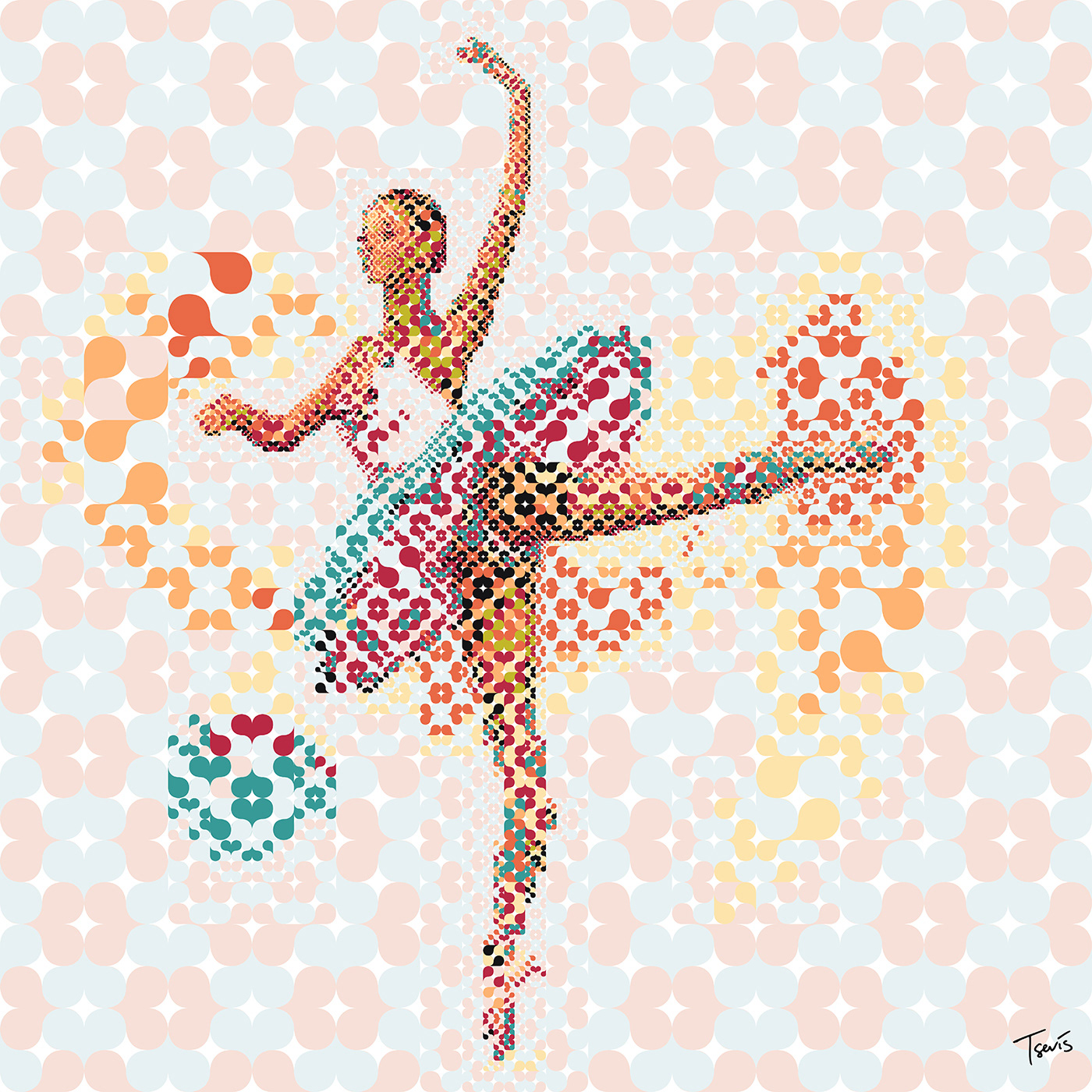 digital mosaic based on heart shapes showing a ballerina