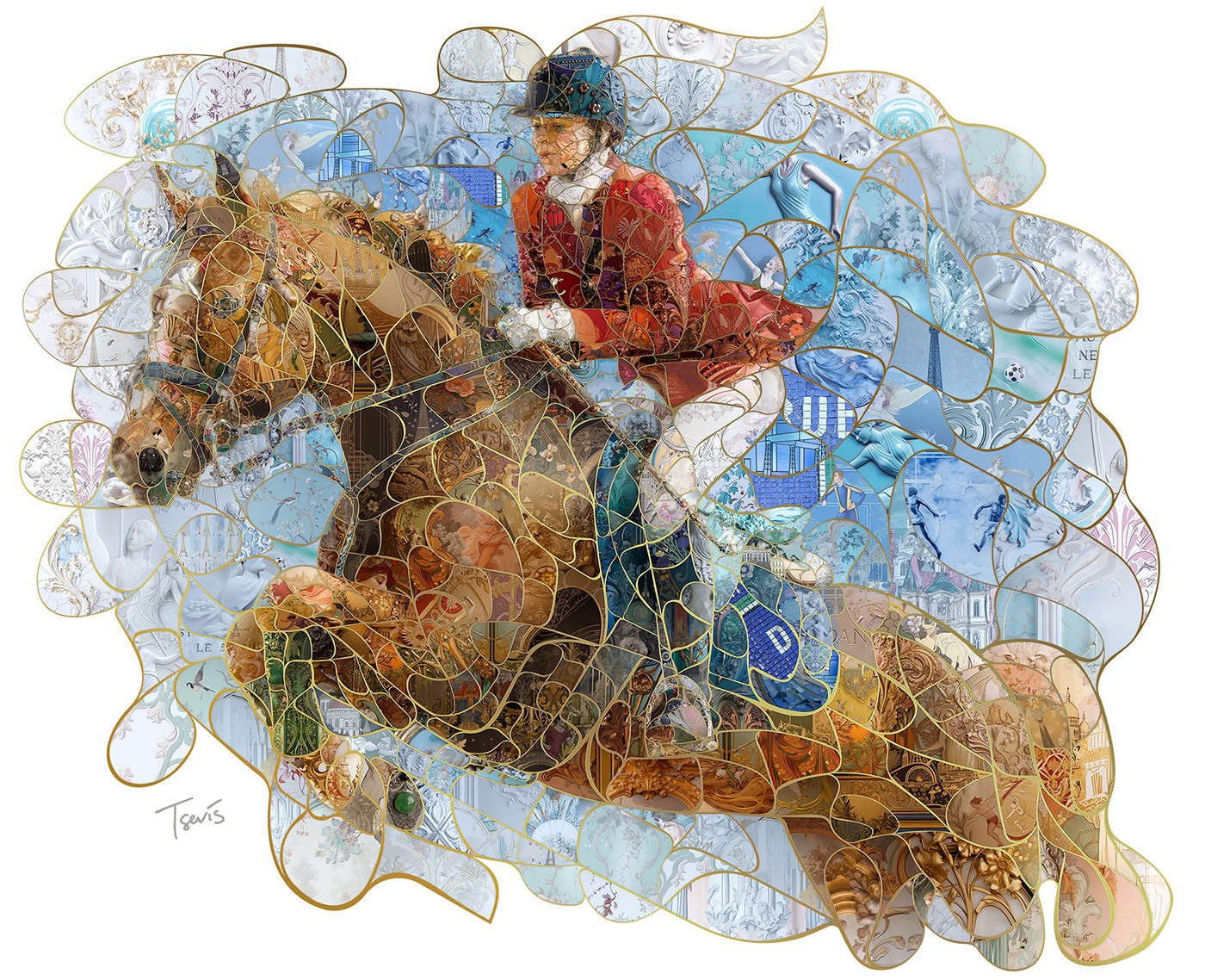 A digital mosaic artwork by Charis Tsevis, depicting an equestrian jumping horse. The piece combines intricate patterns and textures to convey movement and elegance.