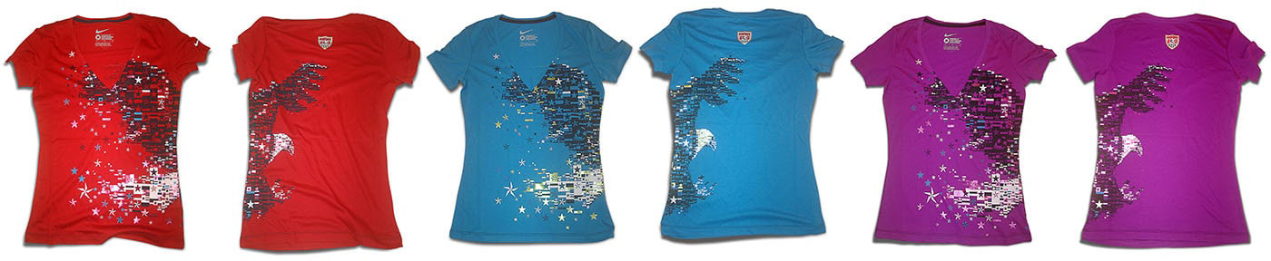 A series of Nike Team USA t-shirts featuring a mosaic illustration of an eagle, inspired by elements of the U.S. Soccer Federation.