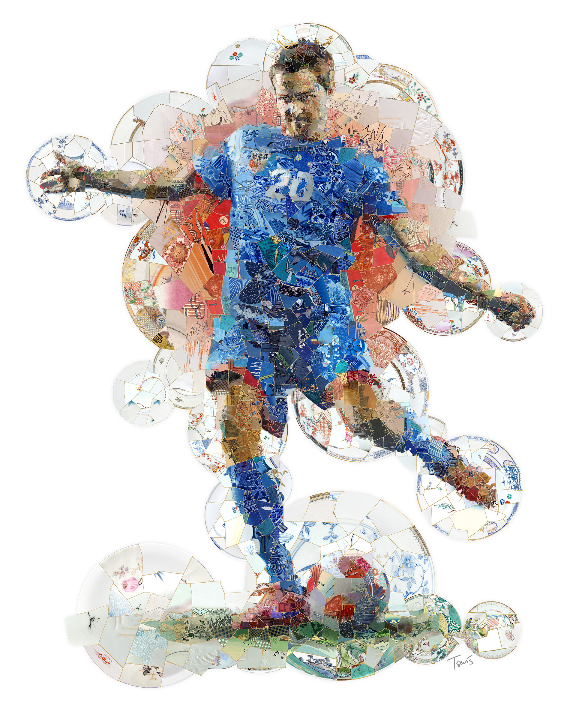 kintsugi art soccer player, digital mosaic artwork commission for the Olympics