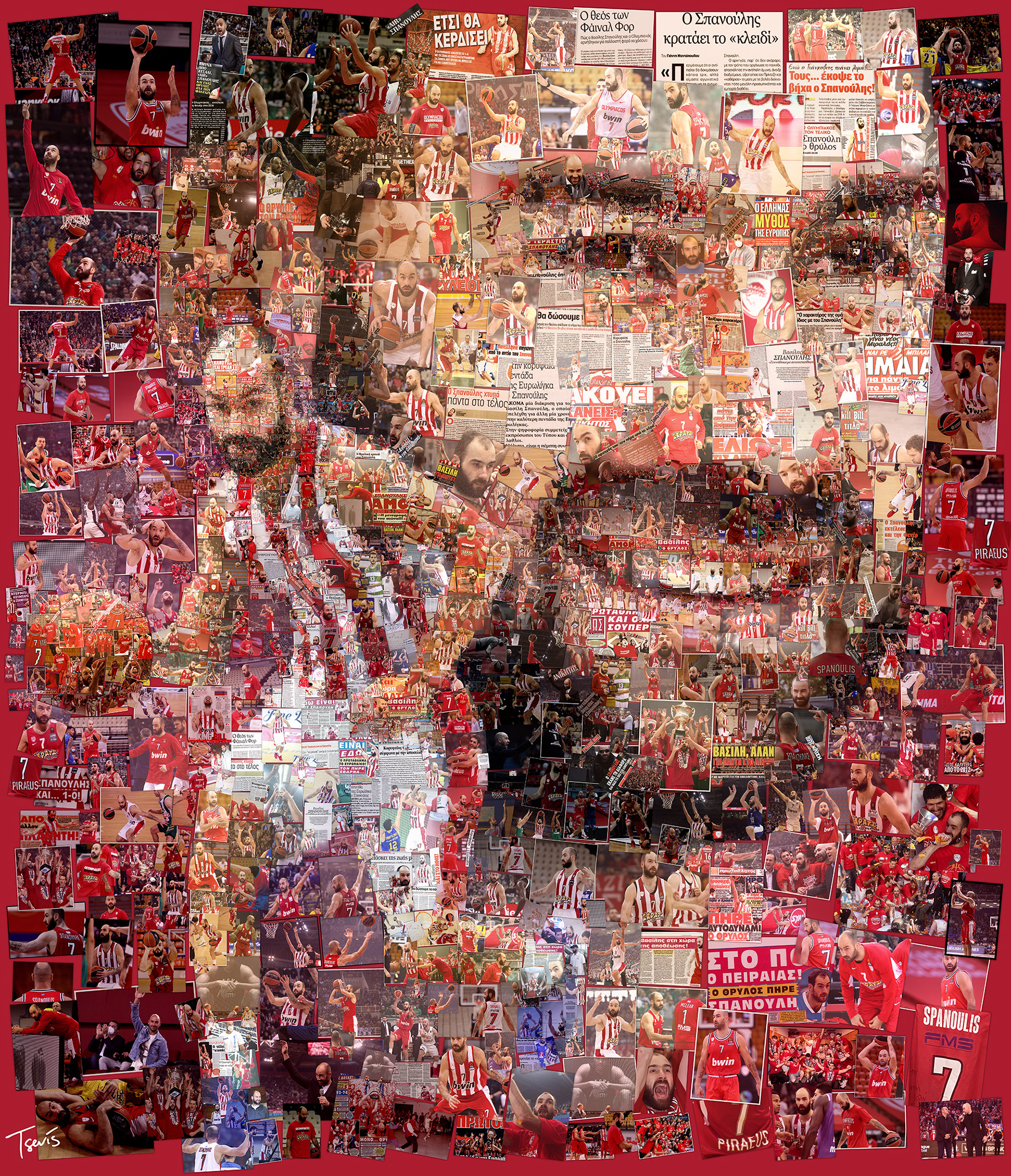 Vassilis Spanoulis portrait out of many photos, Digital mosaic on canvas