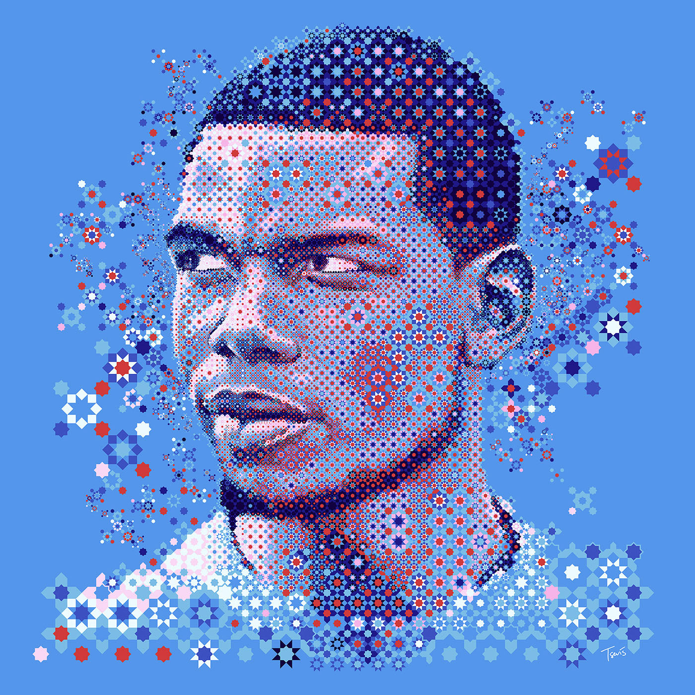 Mosaic of Paul Pogba, combining French national colors with intricate Arabesque patterns, symbolizing the blend of European and Islamic cultures.