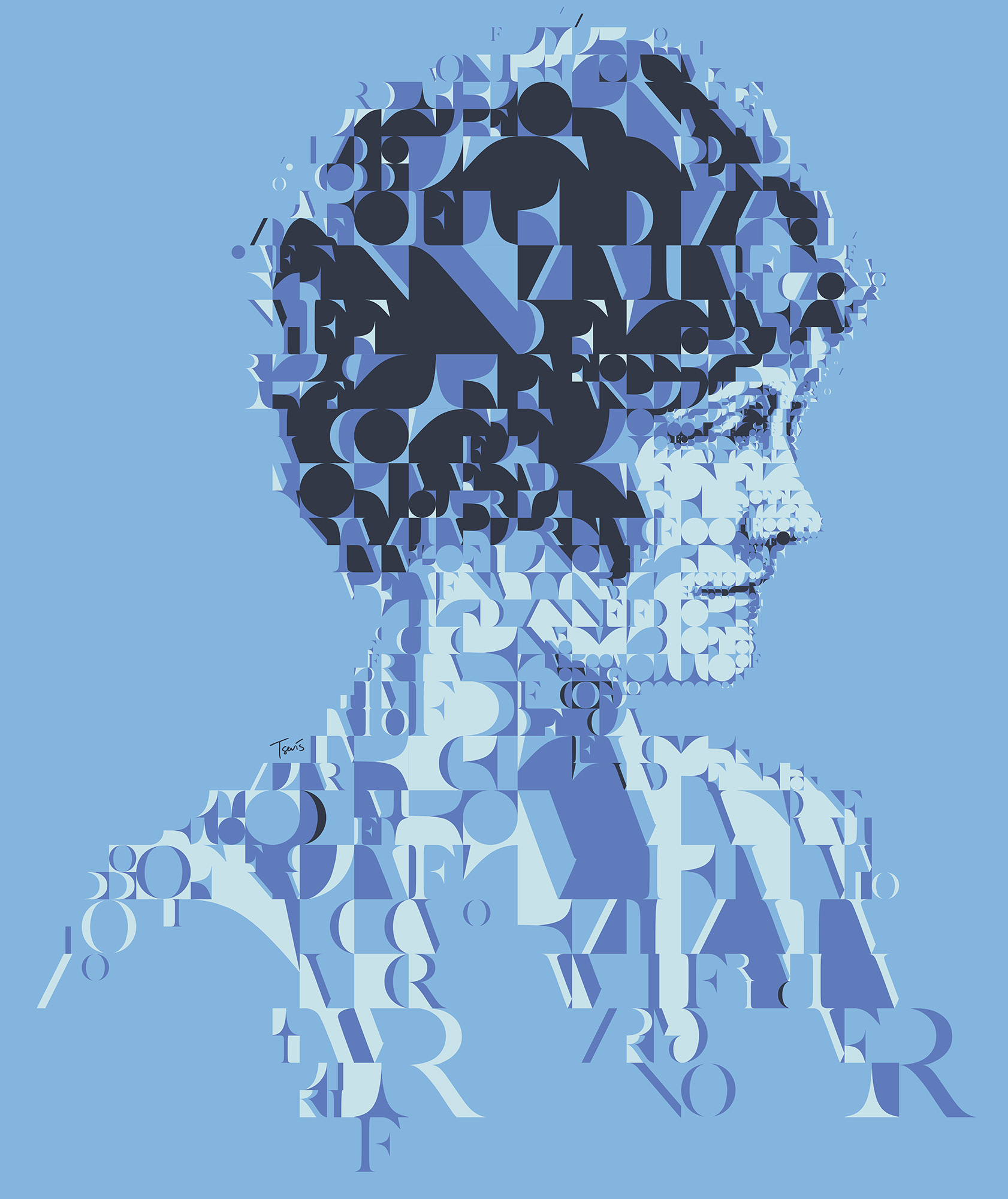 A portrait of Coco Chanel in typographic style