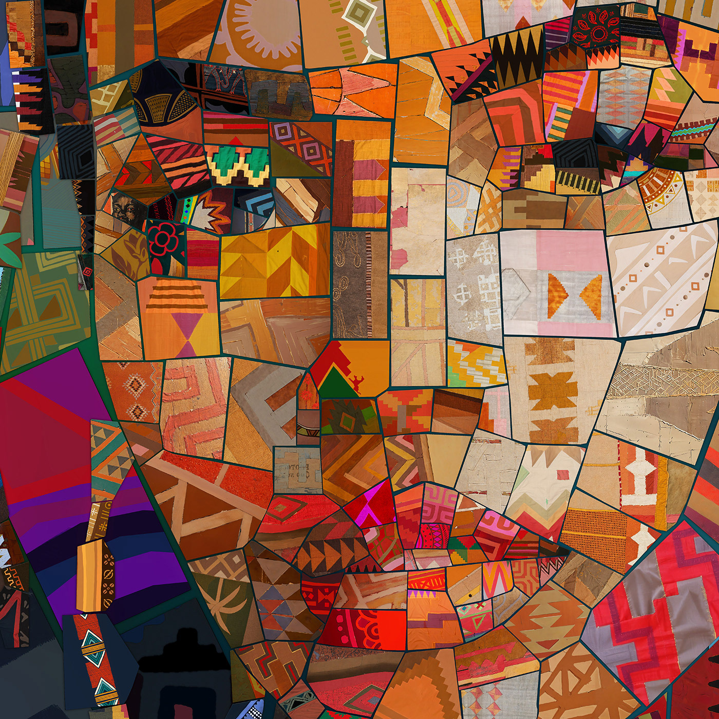 Close-up of Tyla's contemplative expression in rich earth-tone textile mosaic - sophisticated portrait detail of South African singer.