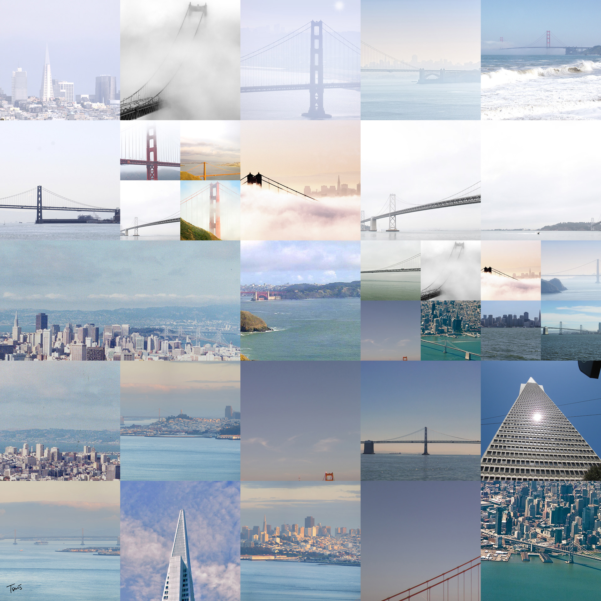 Photomosaic of millions of photos of the Golden Gate Bridge in San Francisco, corporate art