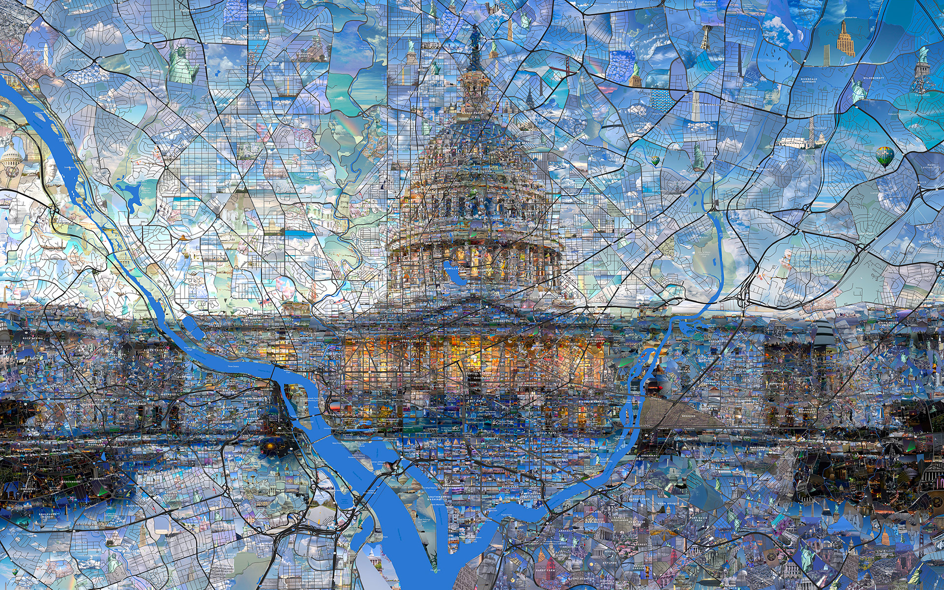 Washington D.C. landmark made from map mosaic for Global channel promo