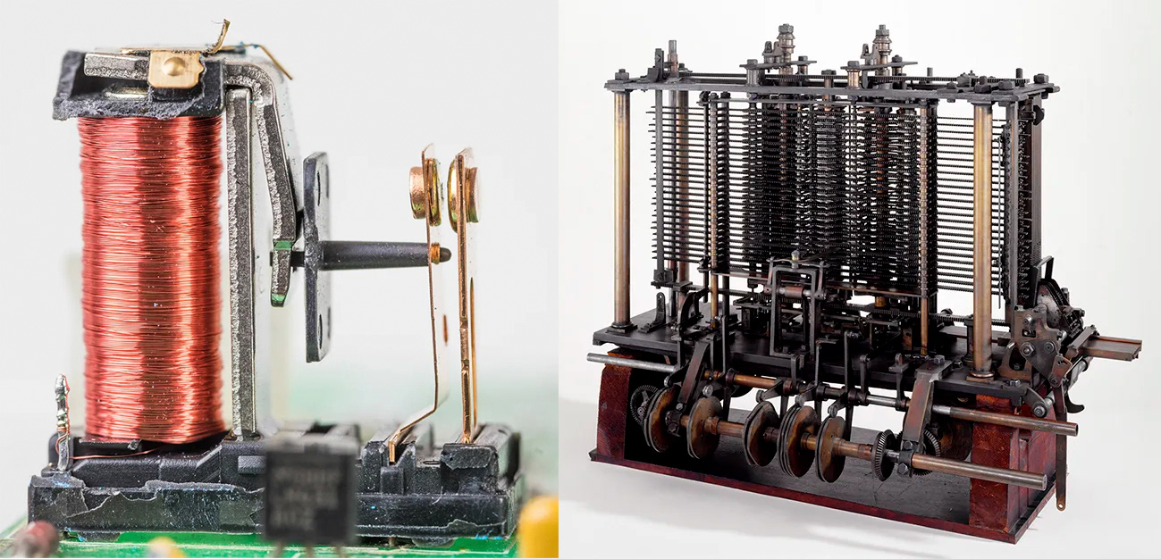 A split image showing two examples of vintage electromechanical relays. On the left, a close-up of a single relay featuring a large copper wire coil and a metal switching arm. On the right, a complex assembly of multiple vertical relay banks with intricate contact points and a row of rotating cams along the bottom shaft.